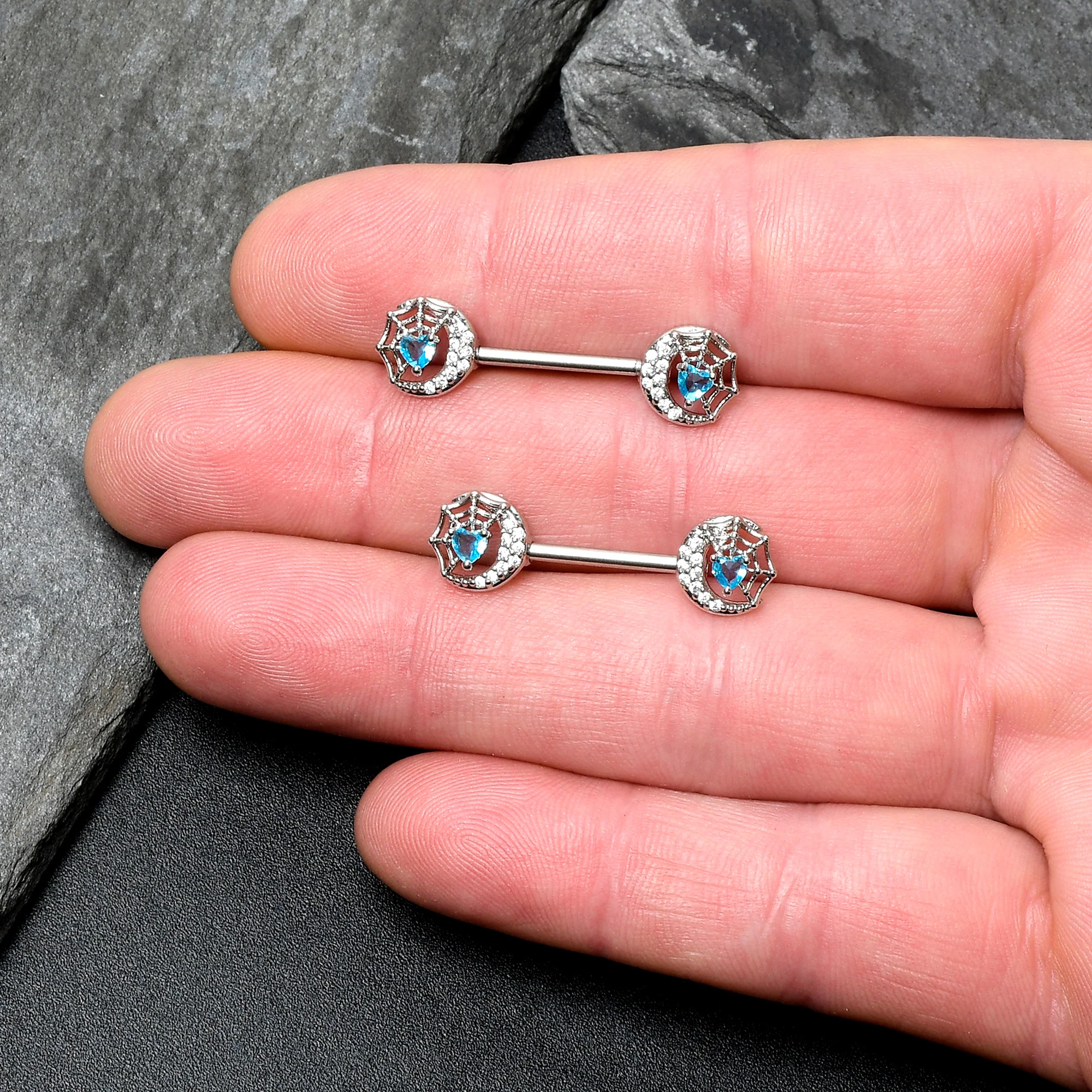 14G 9/16 Blue CZ Gem Heart Web Moon Barbell Nipple Ring Set - Image 3