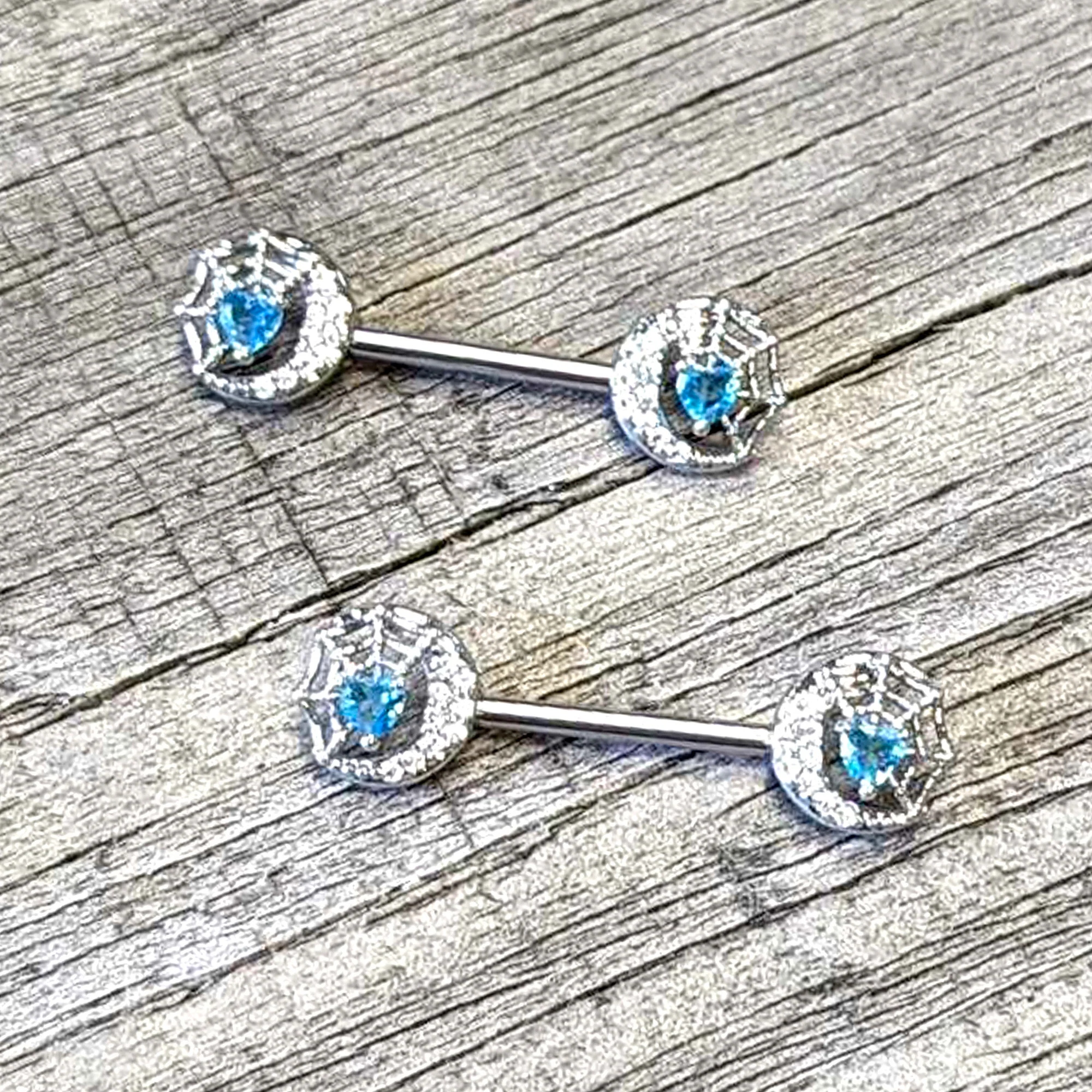 14G 9/16 Blue CZ Gem Heart Web Moon Barbell Nipple Ring Set - Image 4