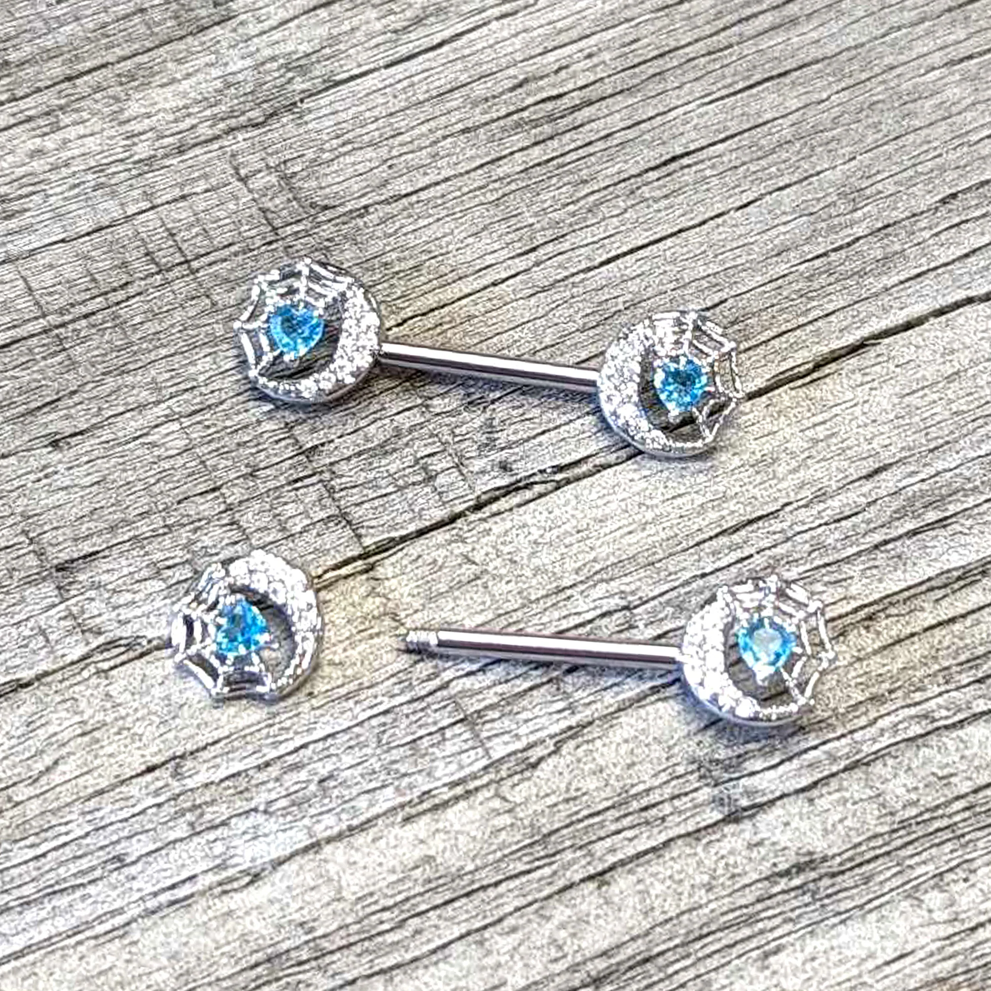 14G 9/16 Blue CZ Gem Heart Web Moon Barbell Nipple Ring Set - Image 5