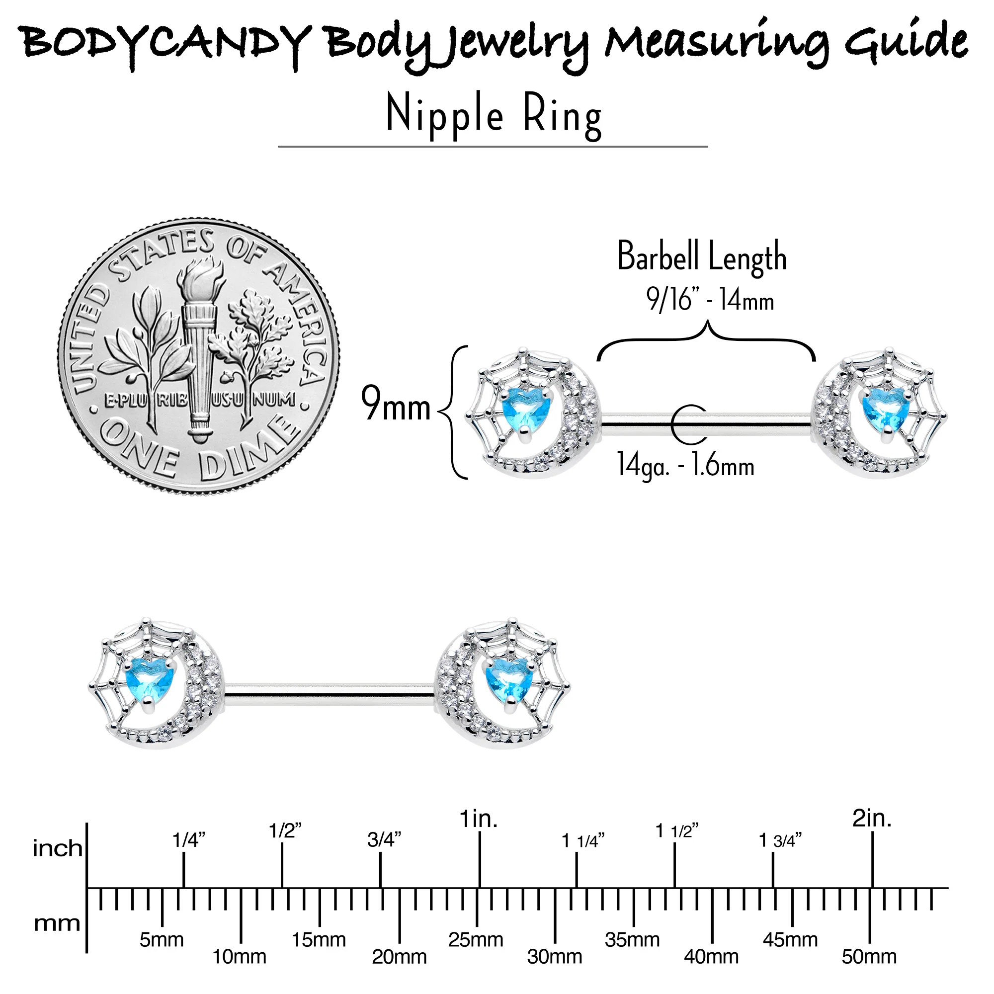 14G 9/16 Blue CZ Gem Heart Web Moon Barbell Nipple Ring Set - Image 6