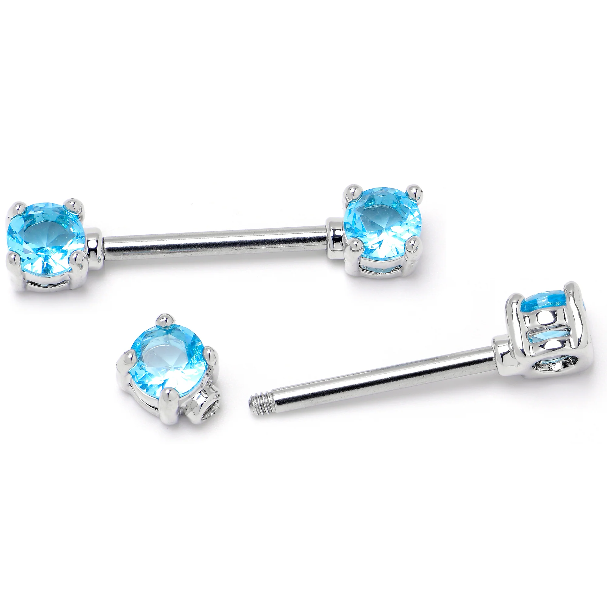 14G 9/16 Blue CZ Gem Love Forward Facing Barbell Nipple Ring Set - Image 2