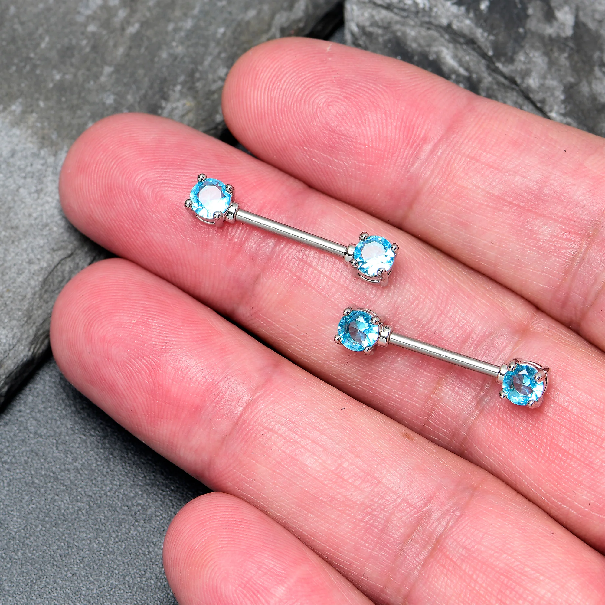 14G 9/16 Blue CZ Gem Love Forward Facing Barbell Nipple Ring Set - Image 3