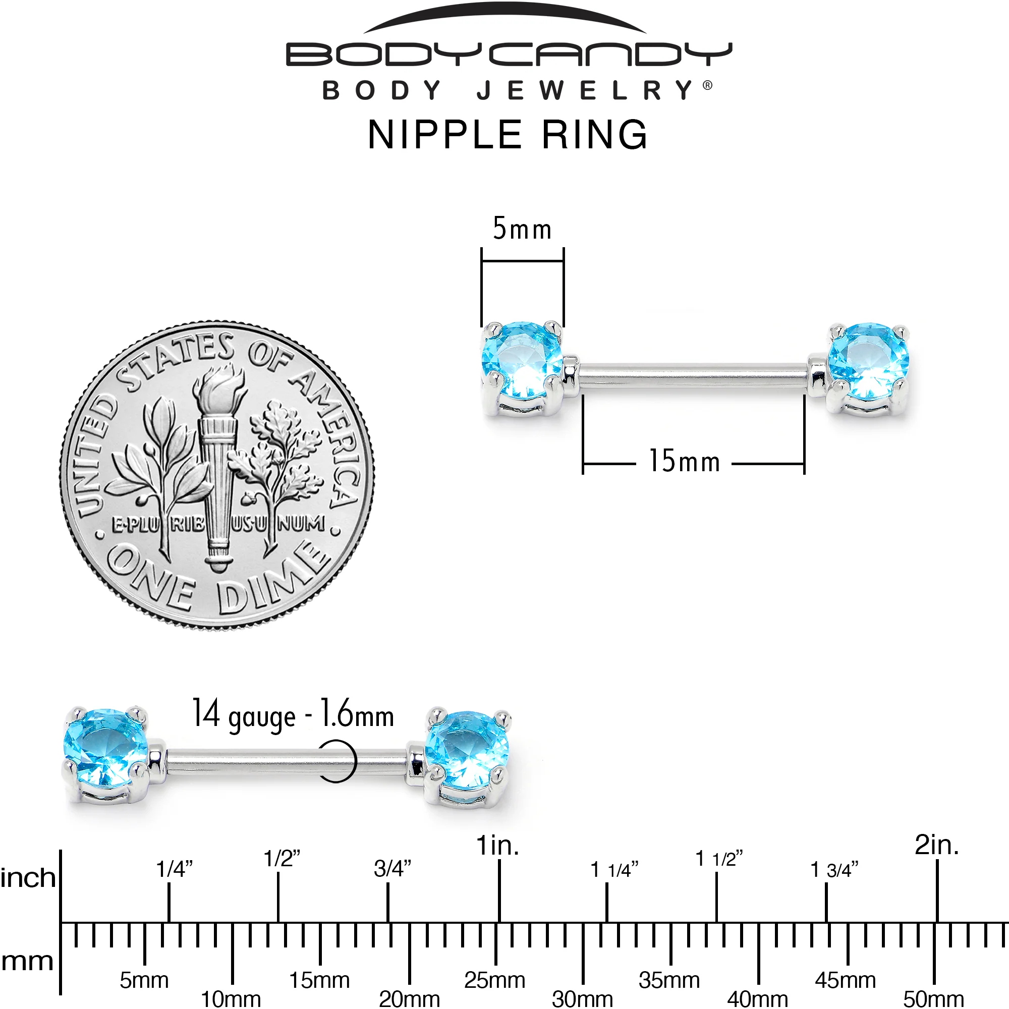 14G 9/16 Blue CZ Gem Love Forward Facing Barbell Nipple Ring Set - Image 4