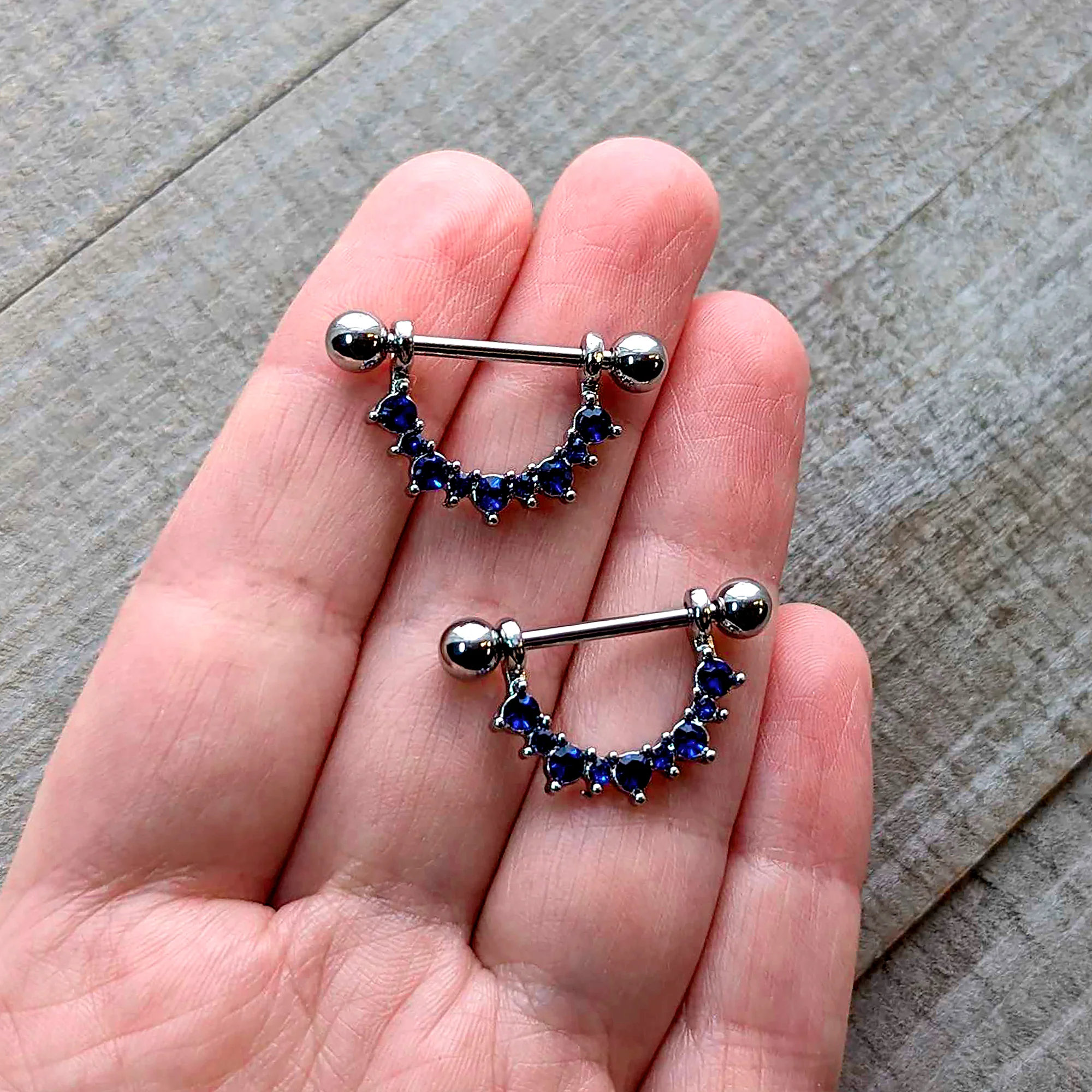 14G 9/16 Blue CZ Gem September Birthstone Dangle Nipple Shield Set - Image 2