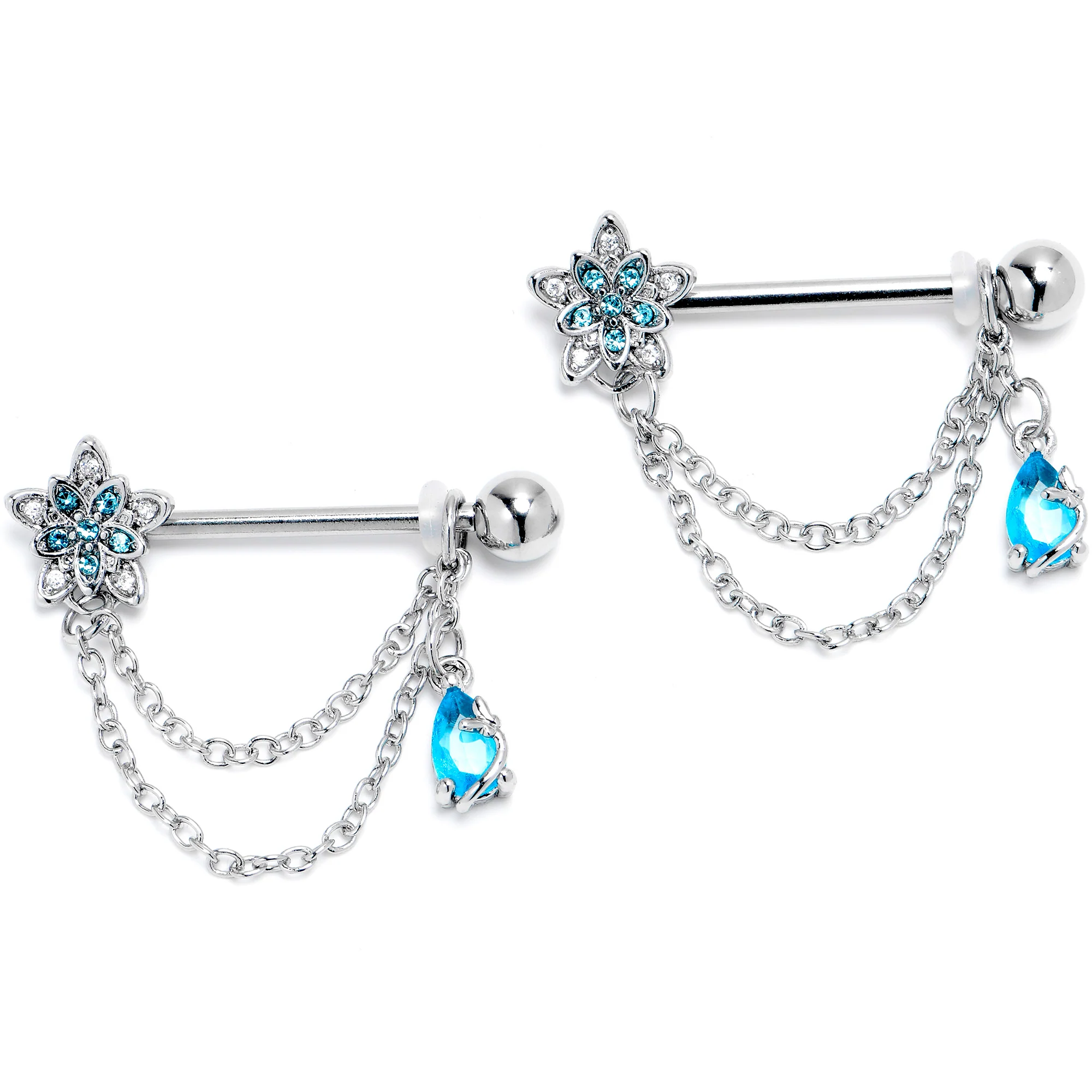 14G 9/16 Blue CZ Gem Snowflake Flower Chain Dangle Nipple Ring Set - Image 2