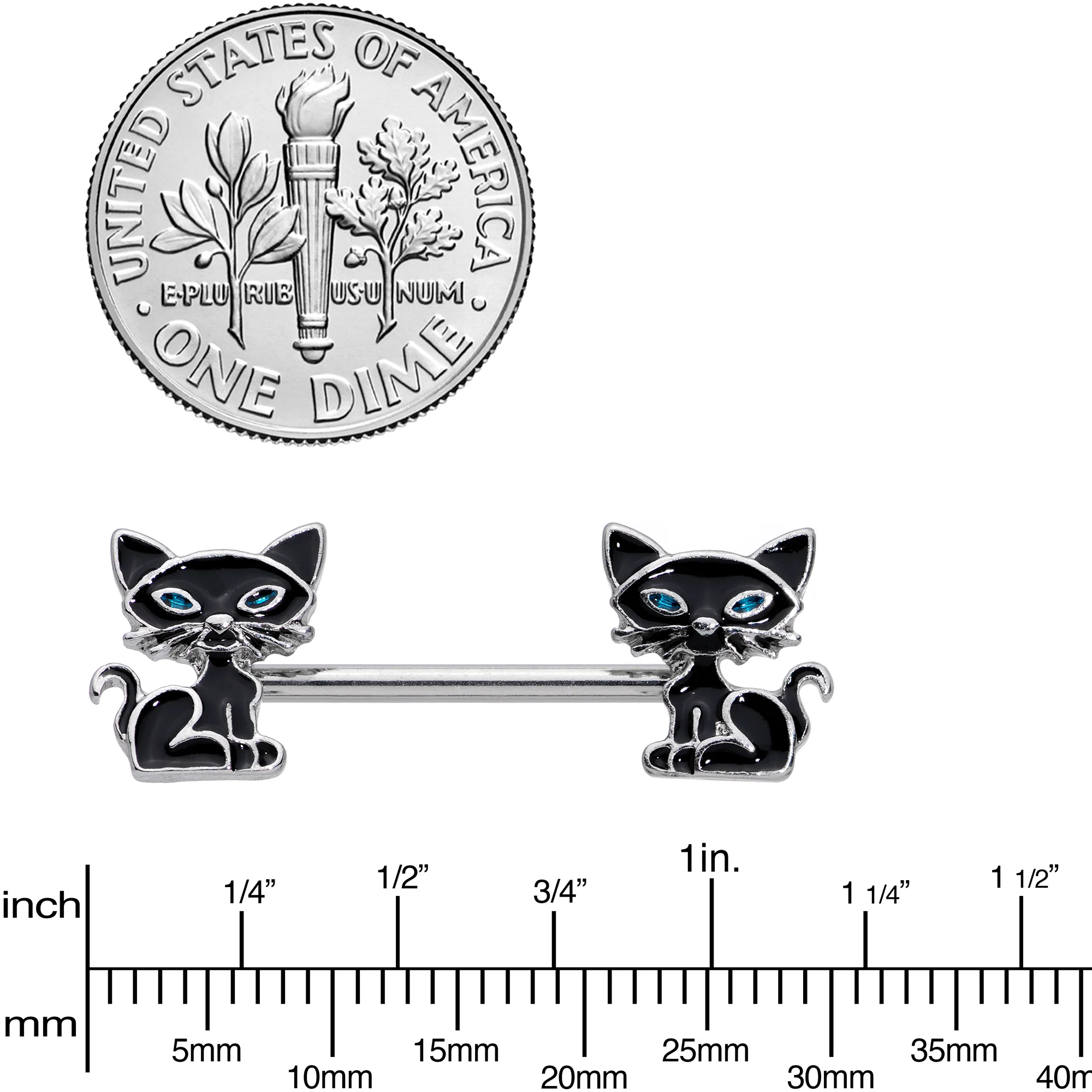 14G 9/16 Blue Eyed Black Cat Barbell Nipple Ring Set - Image 3