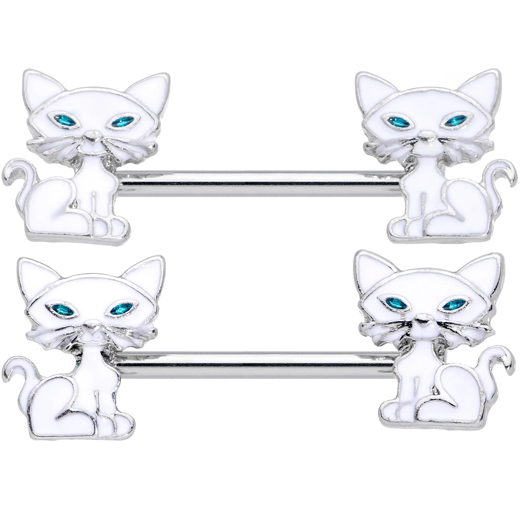 14G 9/16 Blue Eyed White Cat Barbell Nipple Ring Set - Image 2