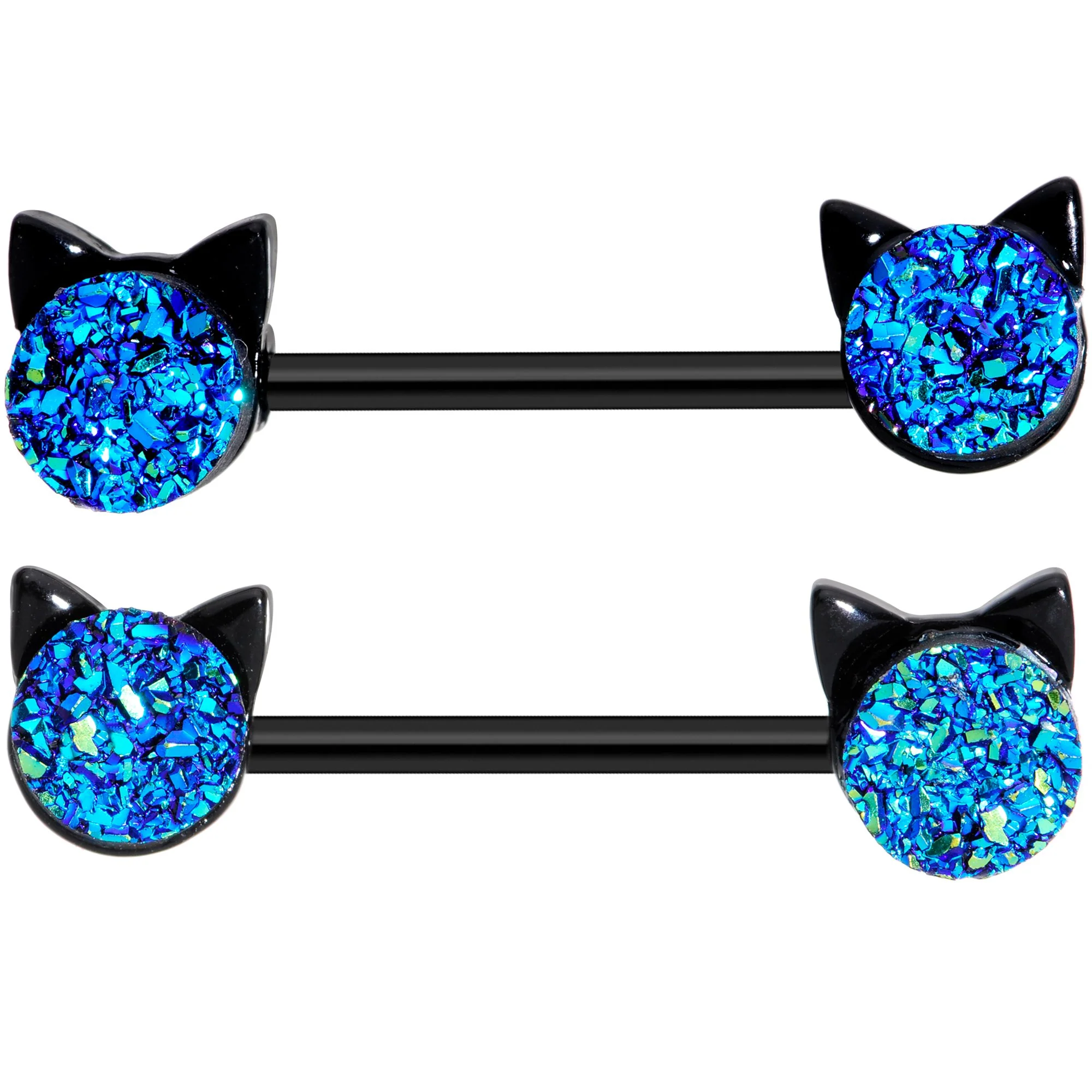 14G 9/16 Blue Faux Druzy Cat Head Barbell Nipple Ring Set - Image 2