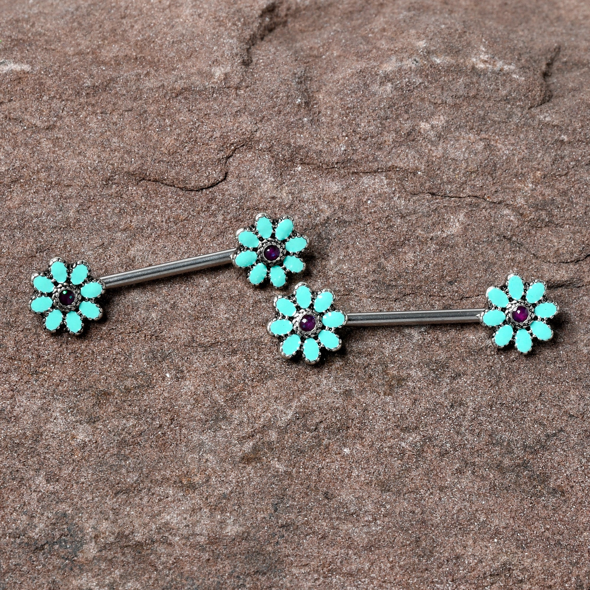 14G 9/16 Blue Faux Opal Flower Teal Petals Barbell Nipple Ring Set - Image 2
