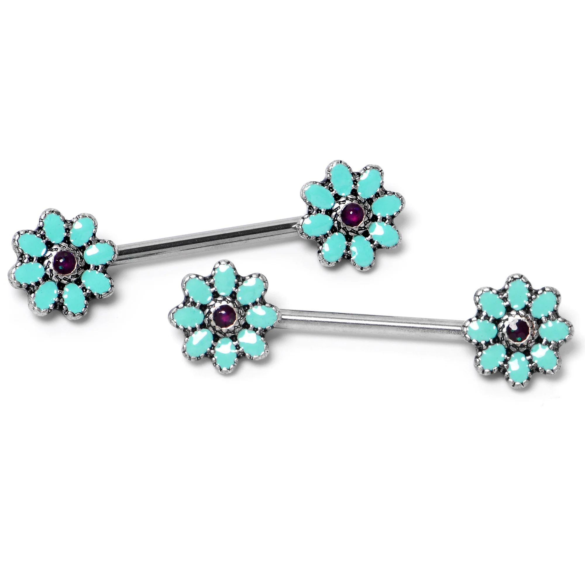 14G 9/16 Blue Faux Opal Flower Teal Petals Barbell Nipple Ring Set - Image 3