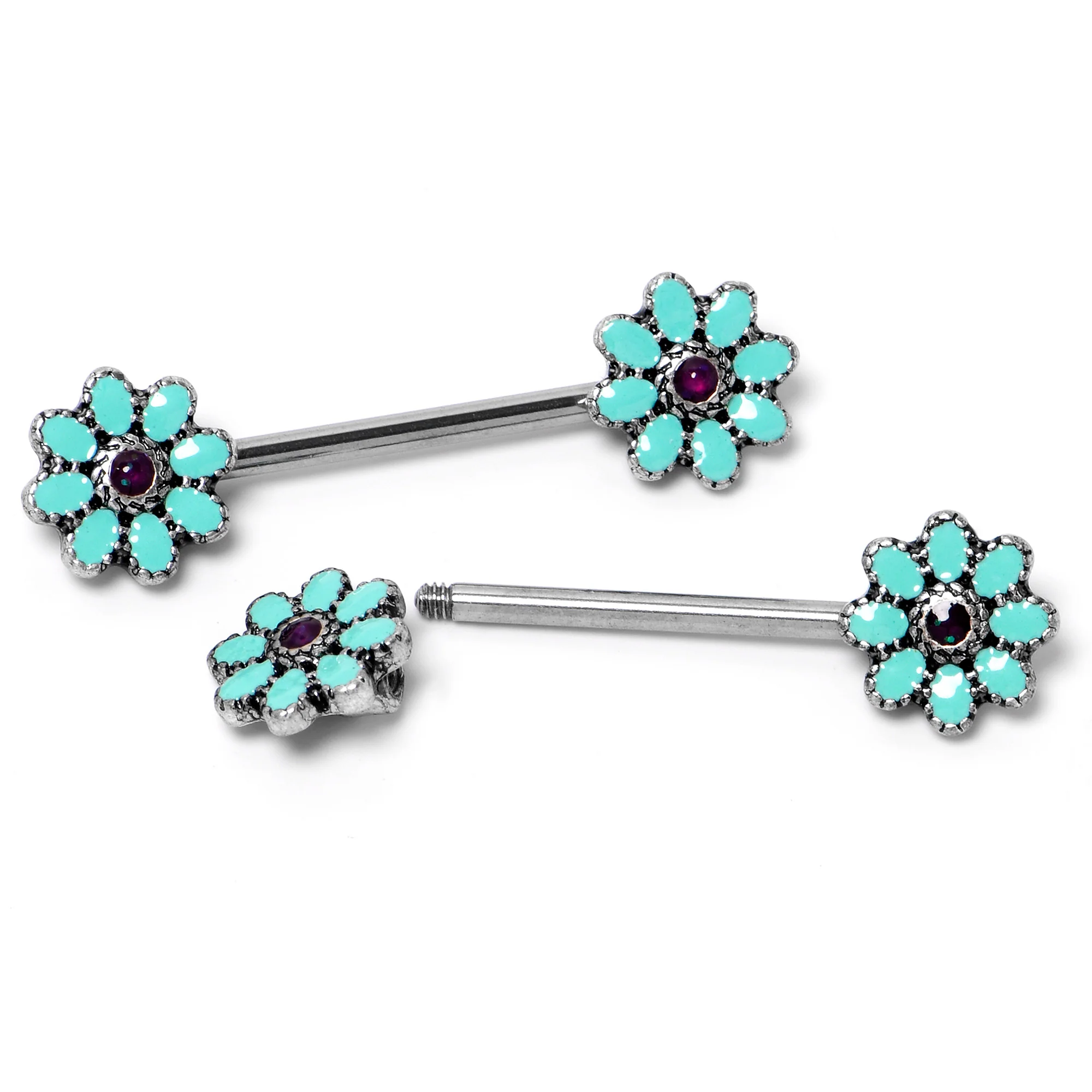 14G 9/16 Blue Faux Opal Flower Teal Petals Barbell Nipple Ring Set - Image 4
