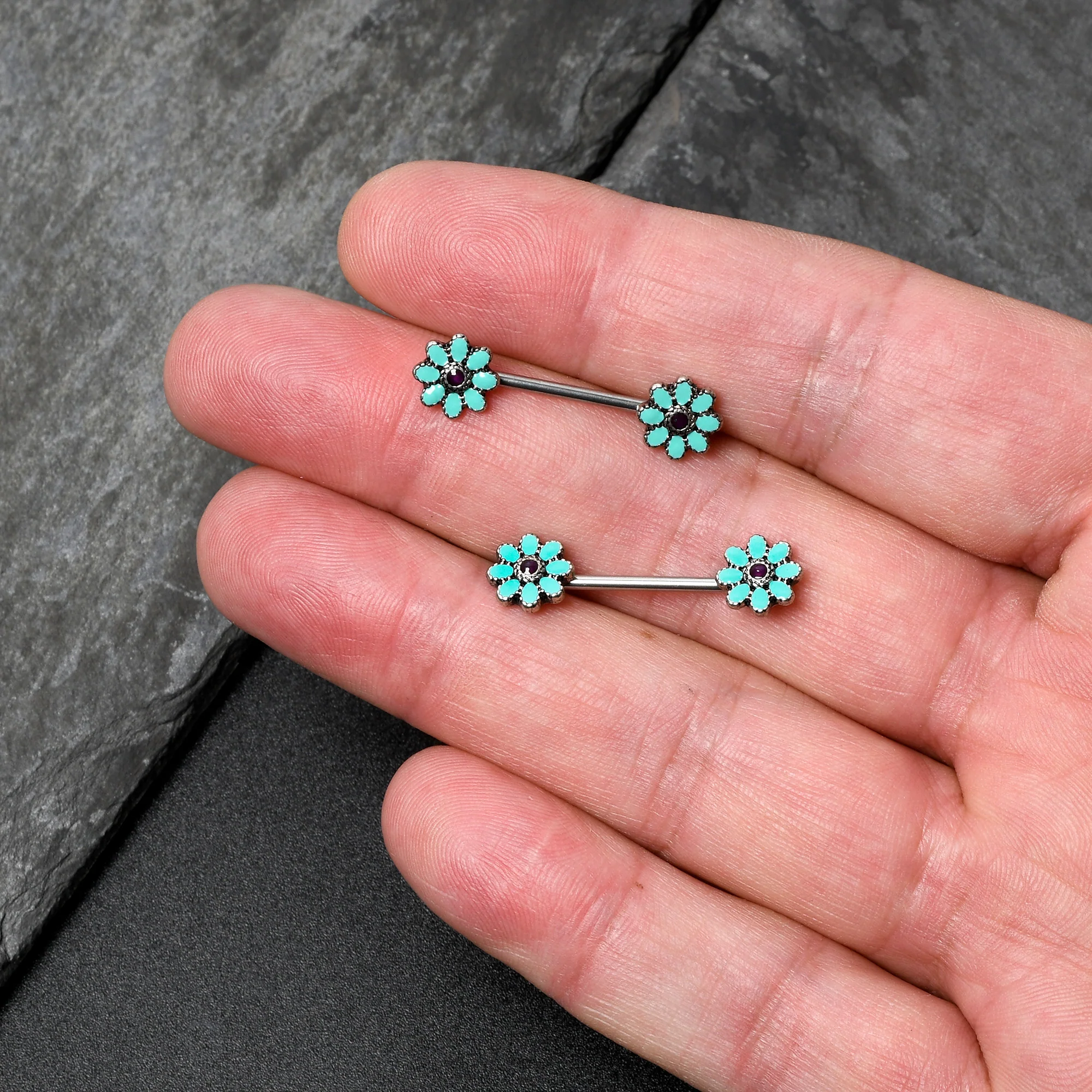 14G 9/16 Blue Faux Opal Flower Teal Petals Barbell Nipple Ring Set - Image 5