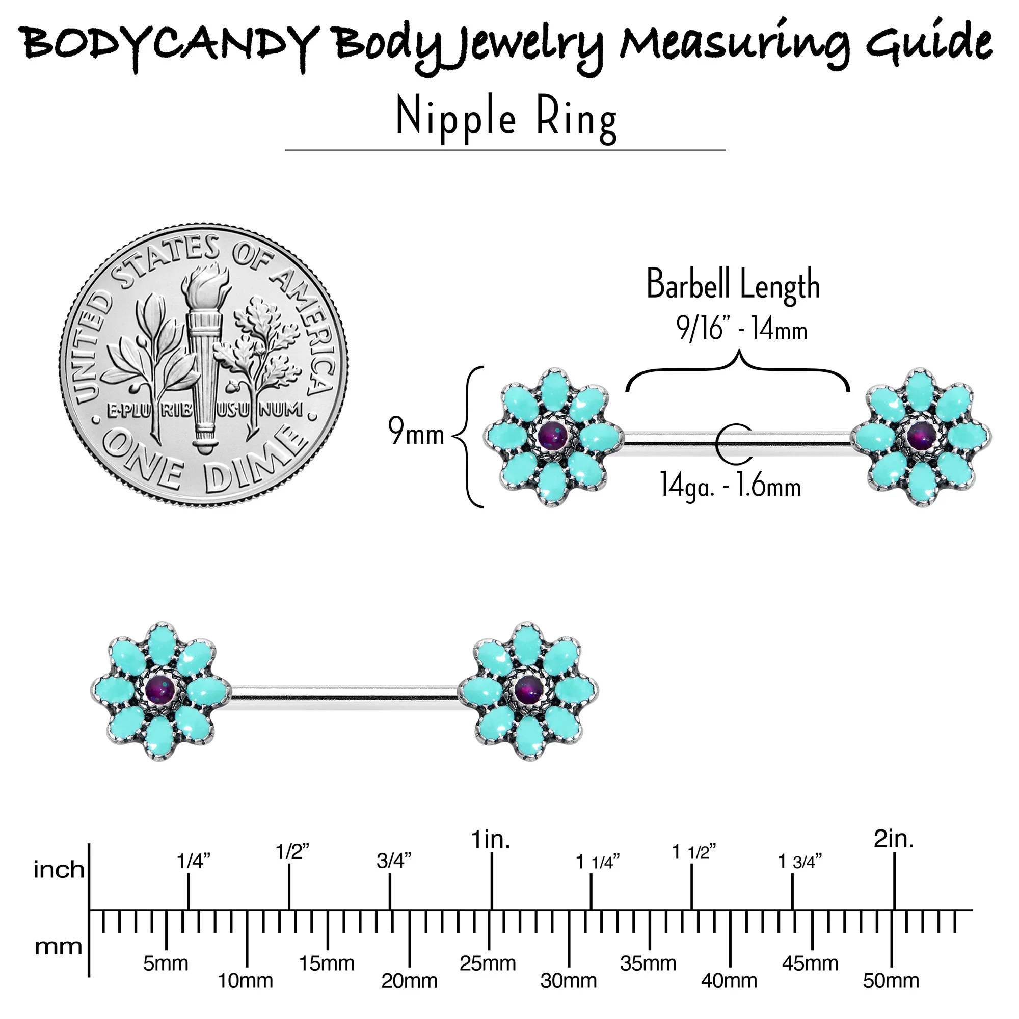 14G 9/16 Blue Faux Opal Flower Teal Petals Barbell Nipple Ring Set - Image 7