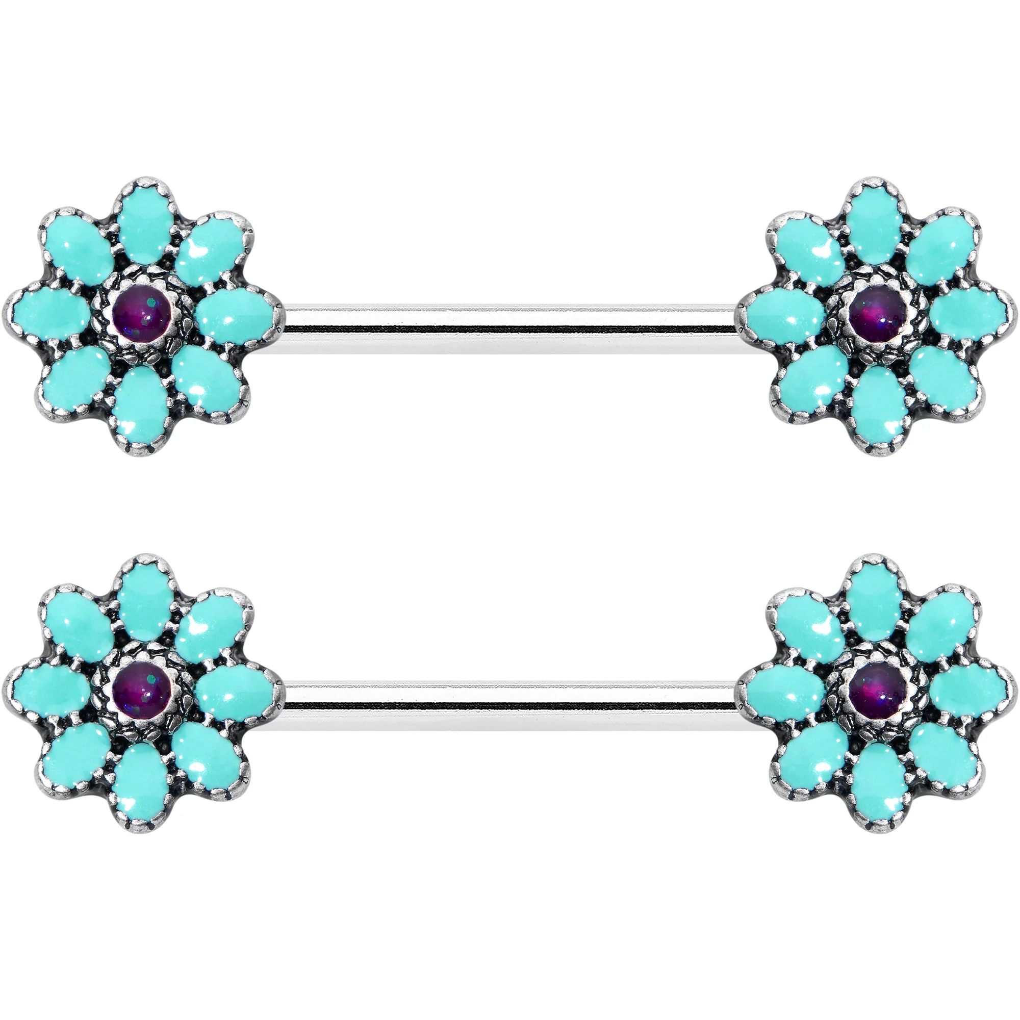 14G 9/16 Blue Faux Opal Flower Teal Petals Barbell Nipple Ring Set - Image 8