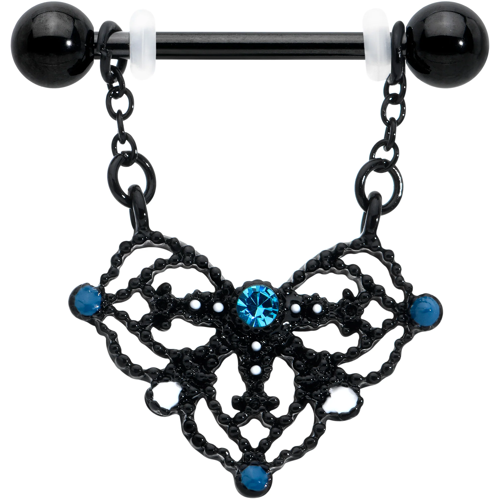 14G 9/16 Blue Gem Black Lacy Rhombus Dangle Nipple Ring Set - Image 2