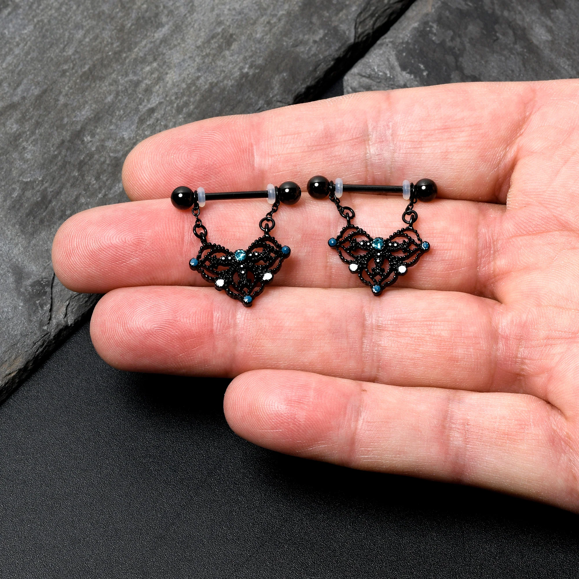 14G 9/16 Blue Gem Black Lacy Rhombus Dangle Nipple Ring Set - Image 3
