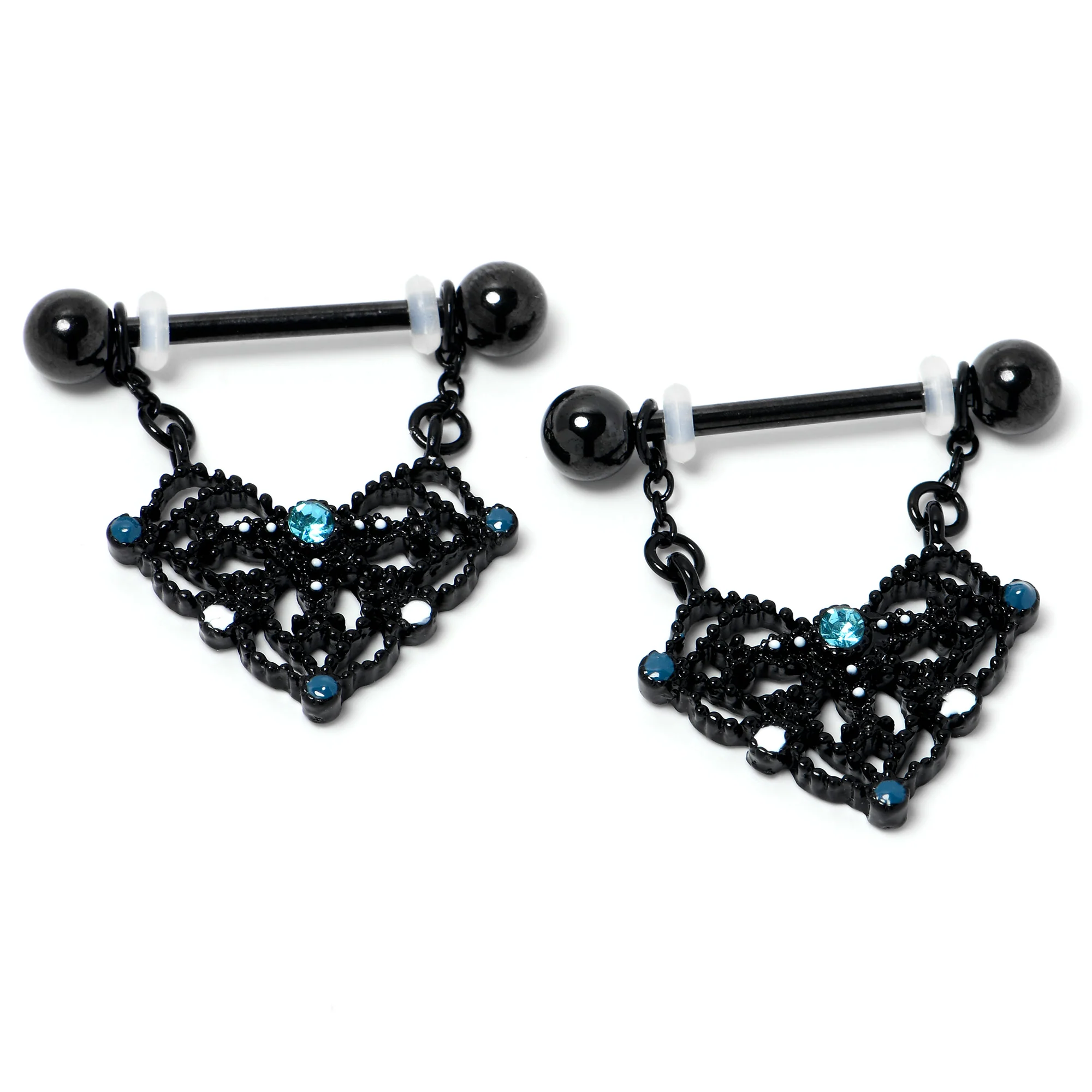 14G 9/16 Blue Gem Black Lacy Rhombus Dangle Nipple Ring Set - Image 4
