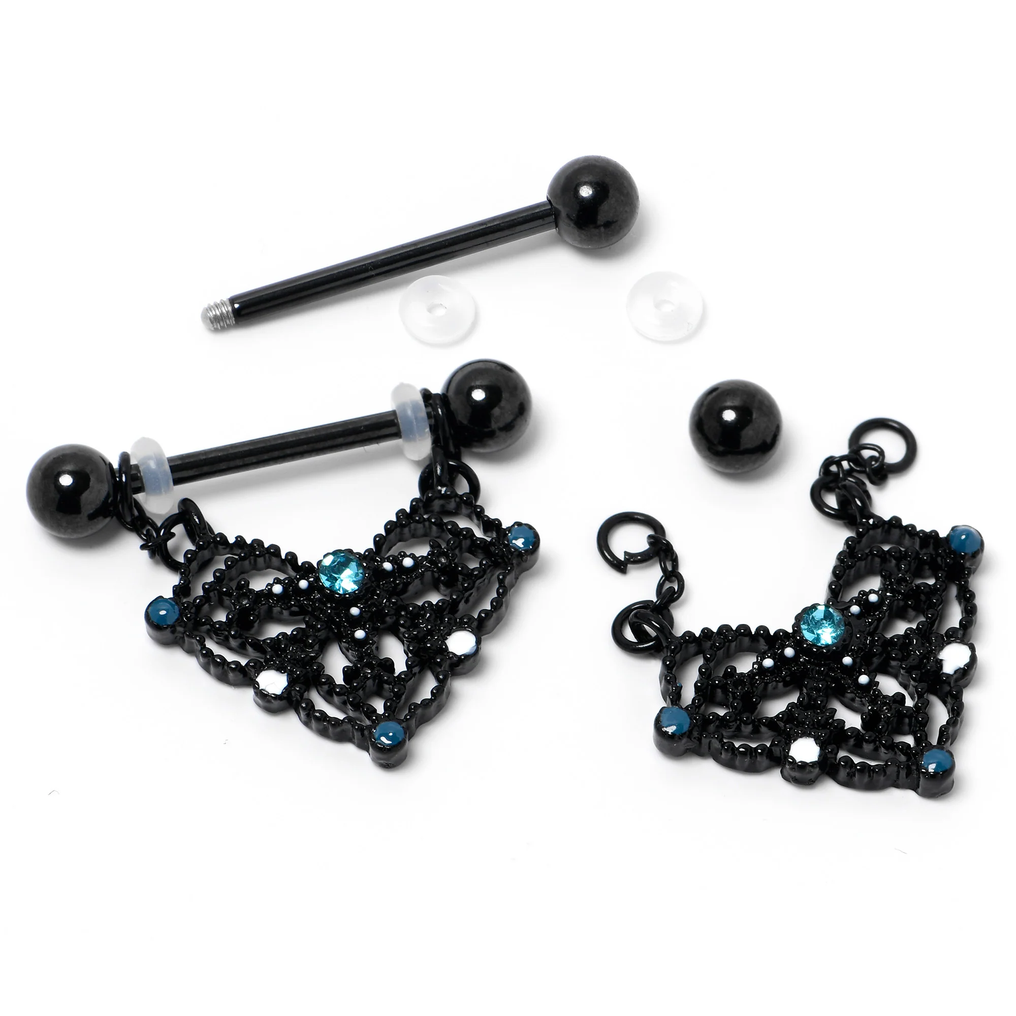 14G 9/16 Blue Gem Black Lacy Rhombus Dangle Nipple Ring Set - Image 5