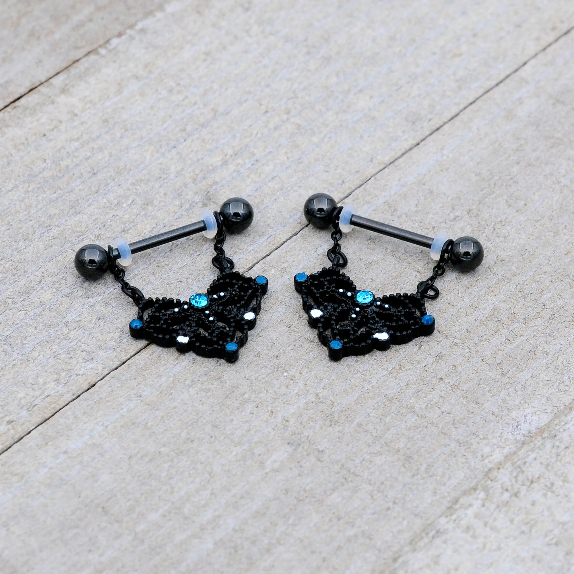 14G 9/16 Blue Gem Black Lacy Rhombus Dangle Nipple Ring Set - Image 6