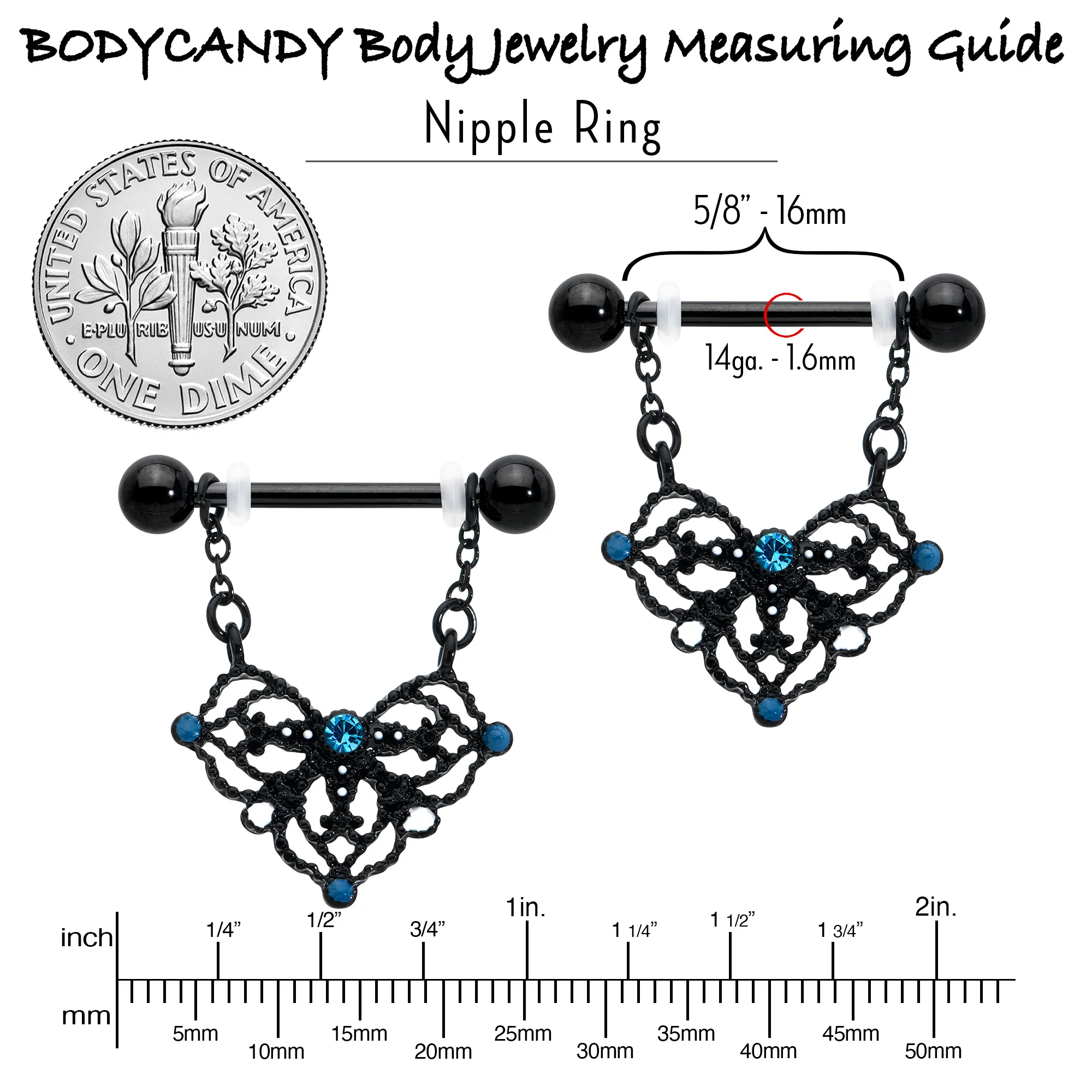 14G 9/16 Blue Gem Black Lacy Rhombus Dangle Nipple Ring Set - Image 7