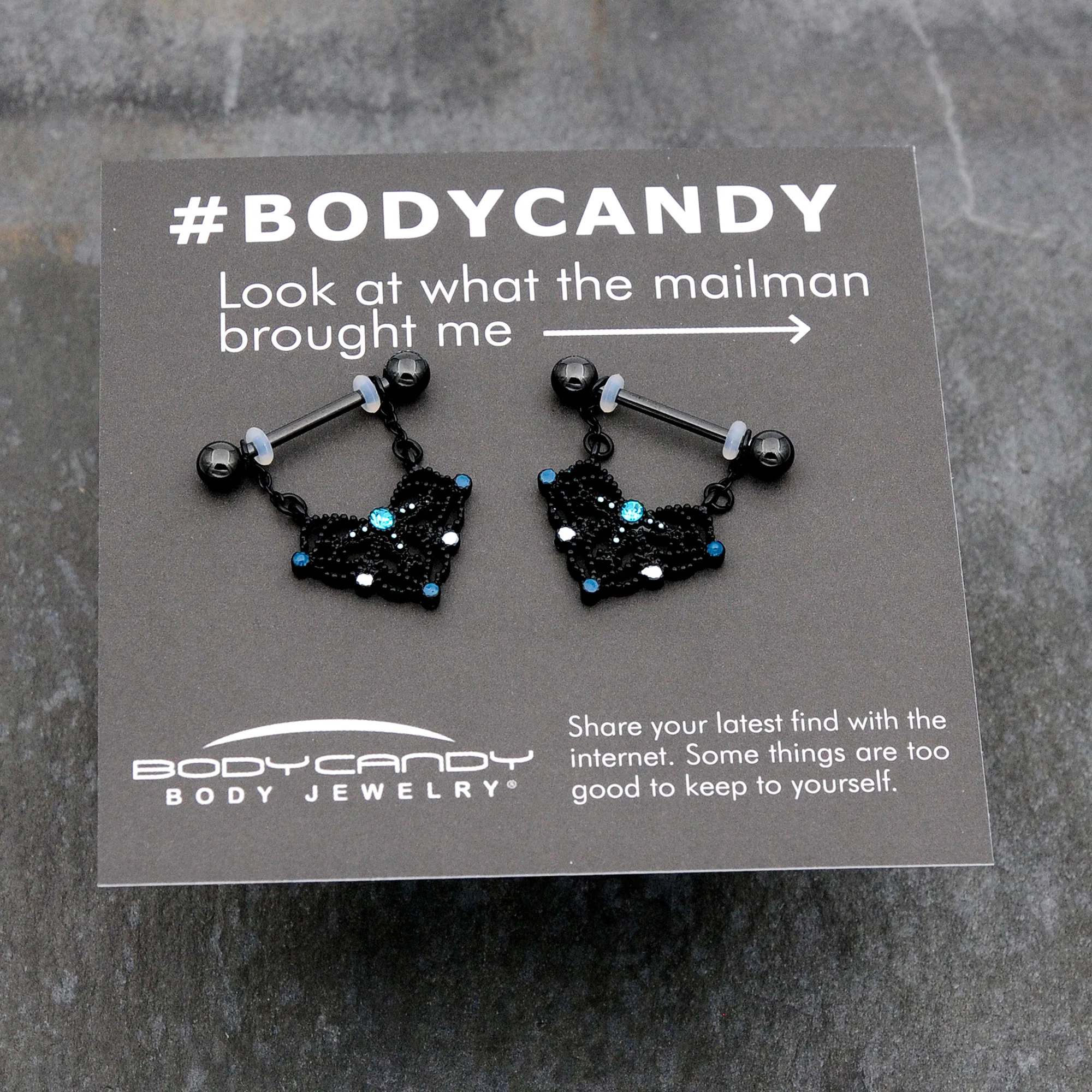 14G 9/16 Blue Gem Black Lacy Rhombus Dangle Nipple Ring Set - Image 8