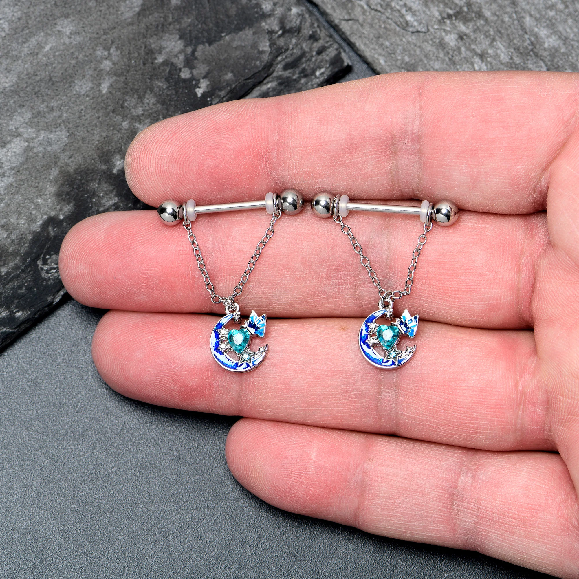 14G 9/16 Blue Gem Butterfly Love Heart Dangle Nipple Ring Set - Image 2