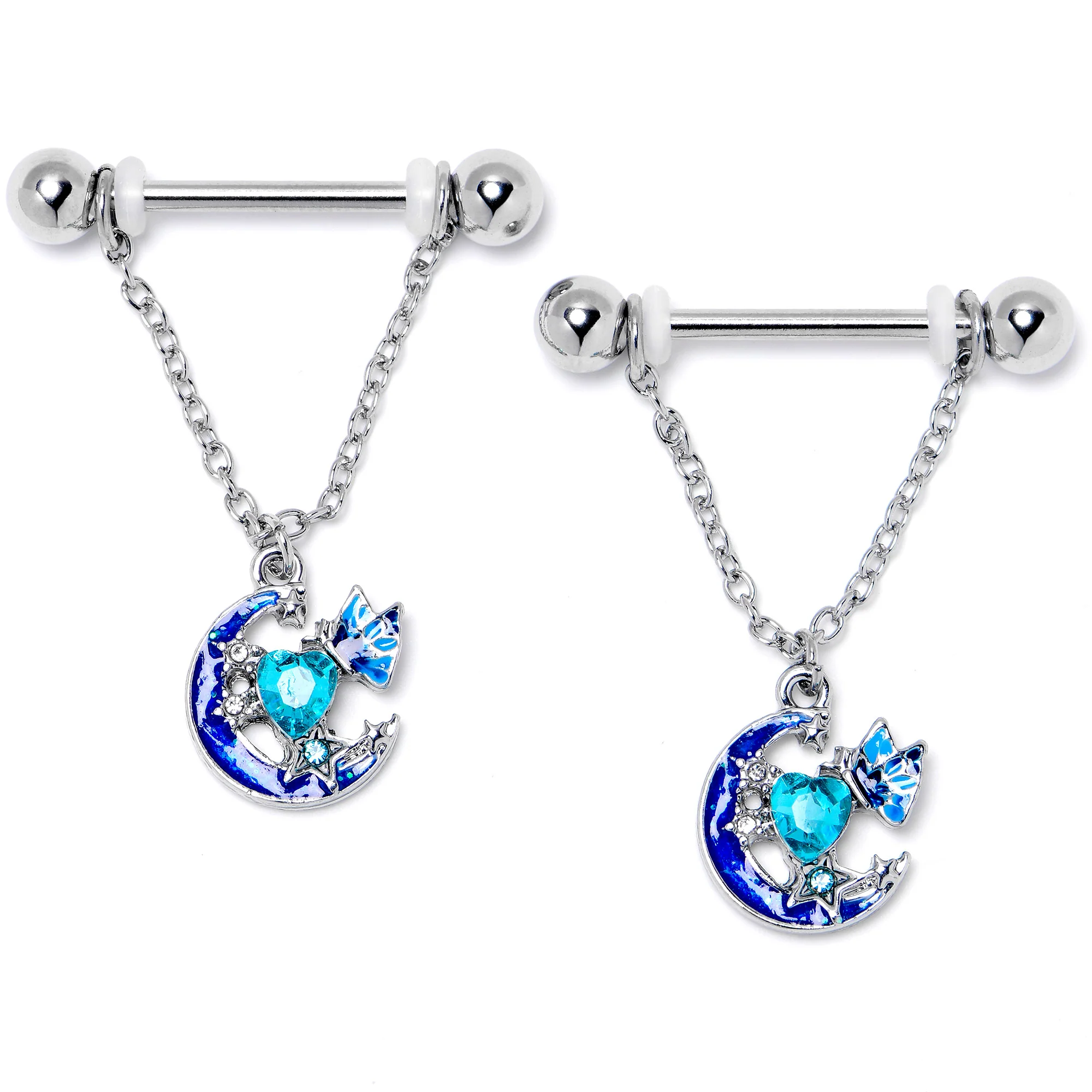 14G 9/16 Blue Gem Butterfly Love Heart Dangle Nipple Ring Set - Image 3