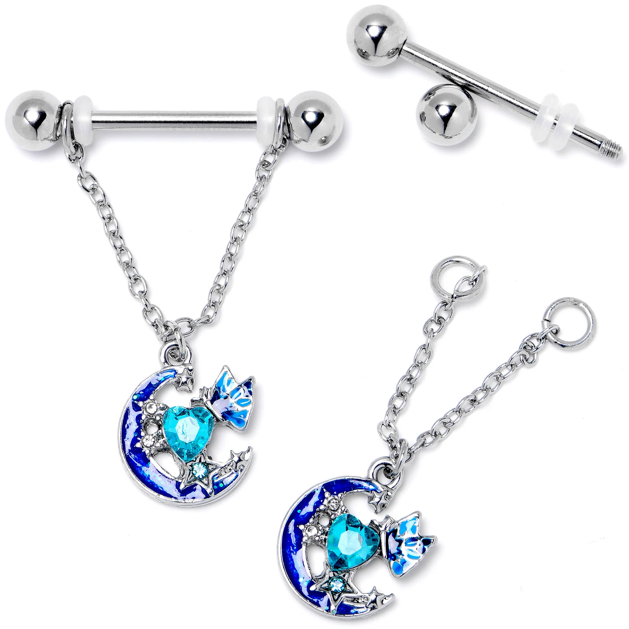 14G 9/16 Blue Gem Butterfly Love Heart Dangle Nipple Ring Set - Image 4