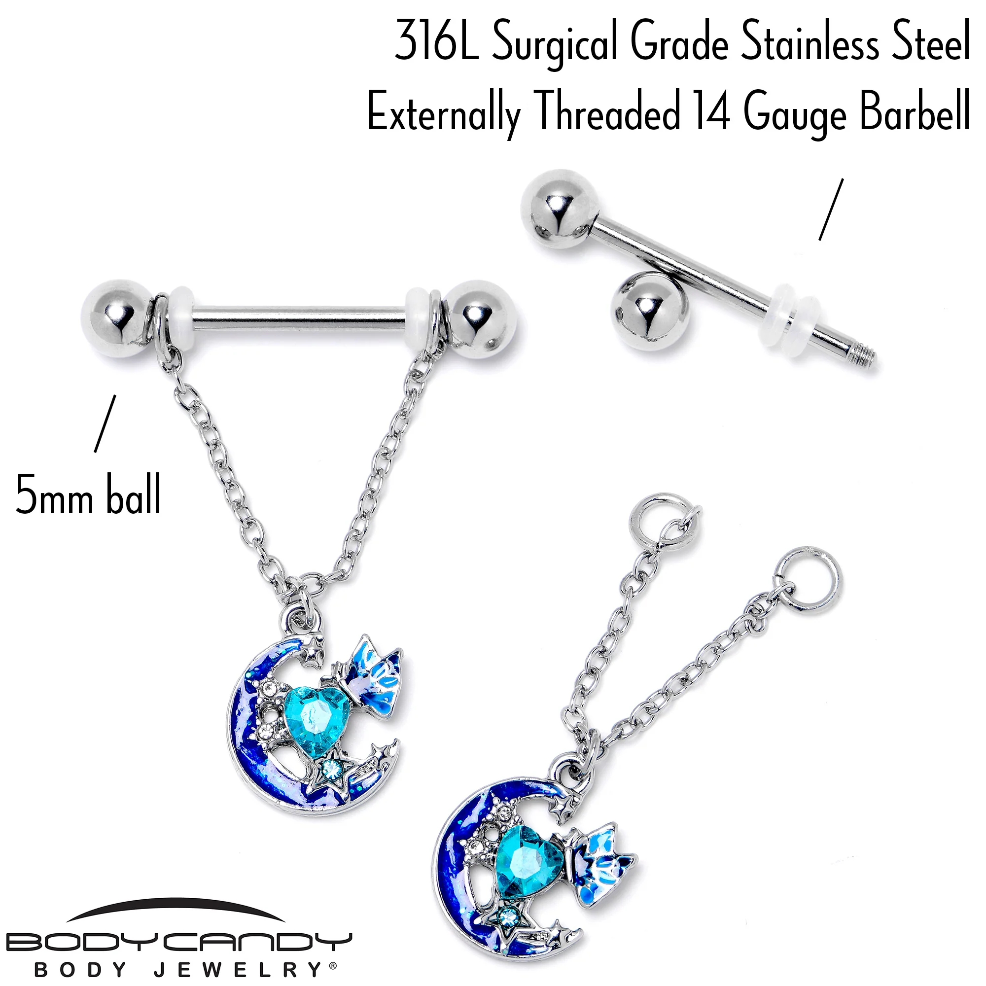 14G 9/16 Blue Gem Butterfly Love Heart Dangle Nipple Ring Set - Image 5