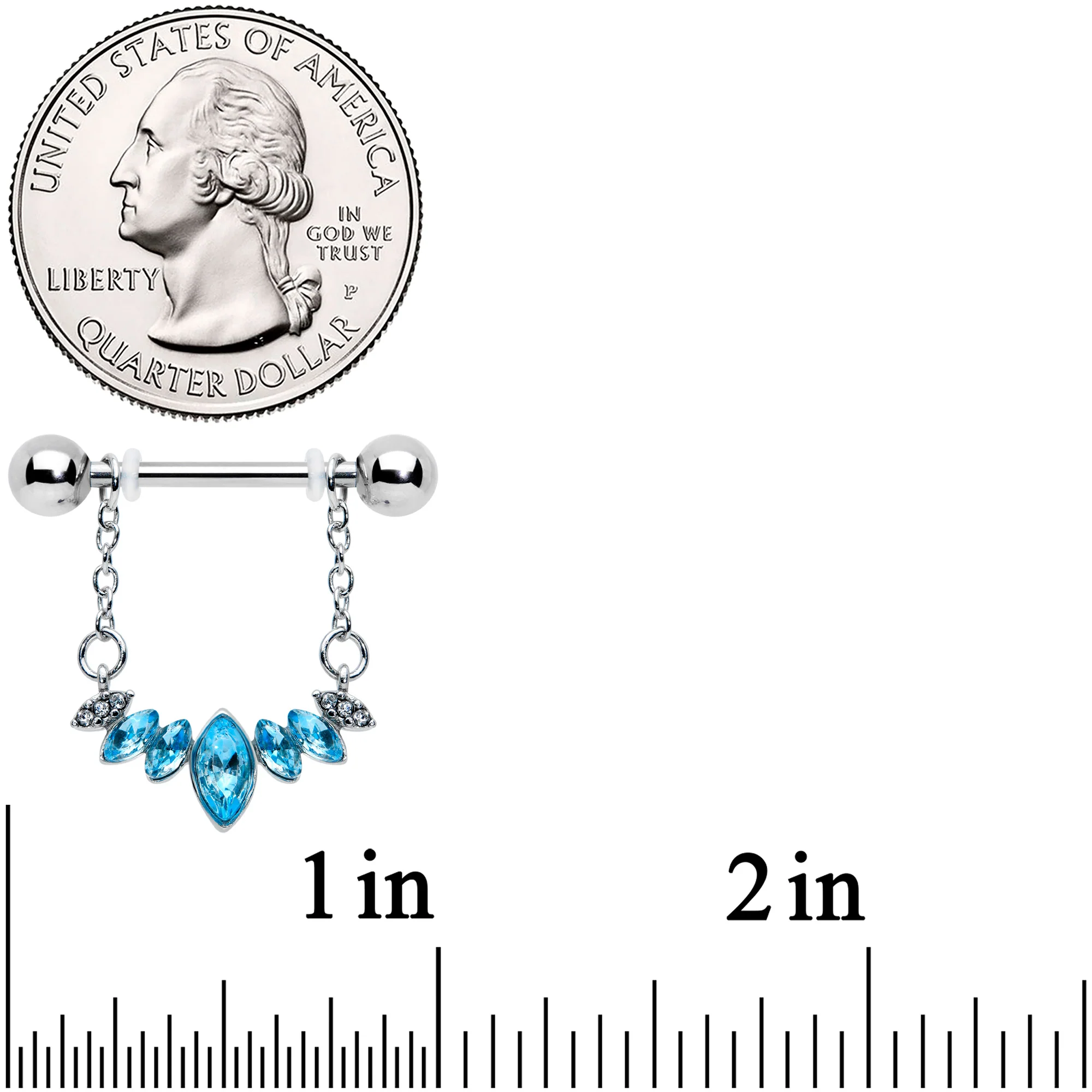 14G 9/16 Blue Gem Crowning Glory Chain Dangle Nipple Ring Set - Image 2