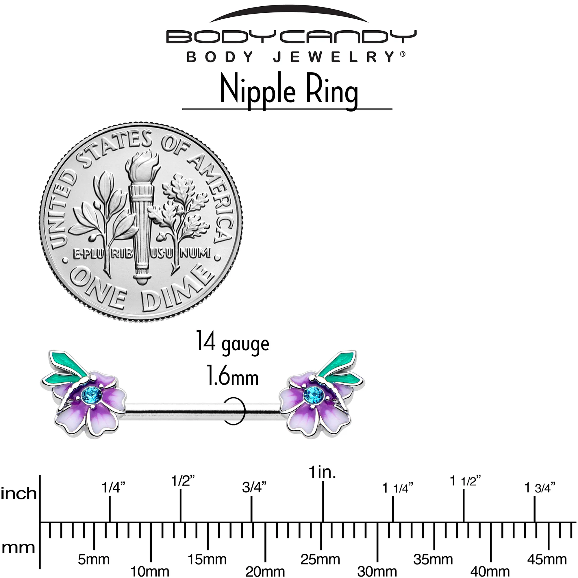 14G 9/16 Blue Gem Faerie Flower Purple Barbell Nipple Ring Set - Image 5