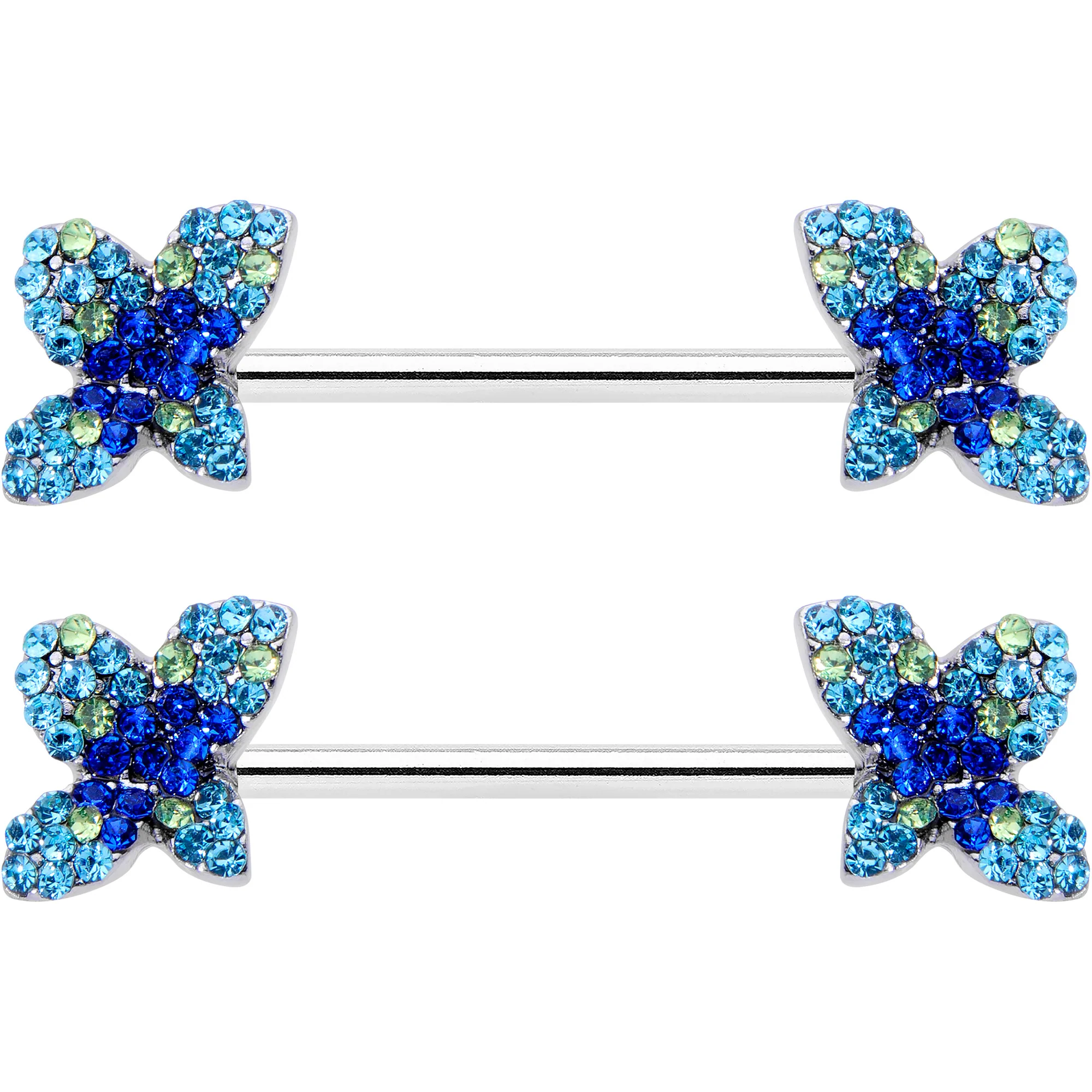 14G 9/16 Blue Gem Glamour Butterfly Barbell Nipple Ring Set - Image 2