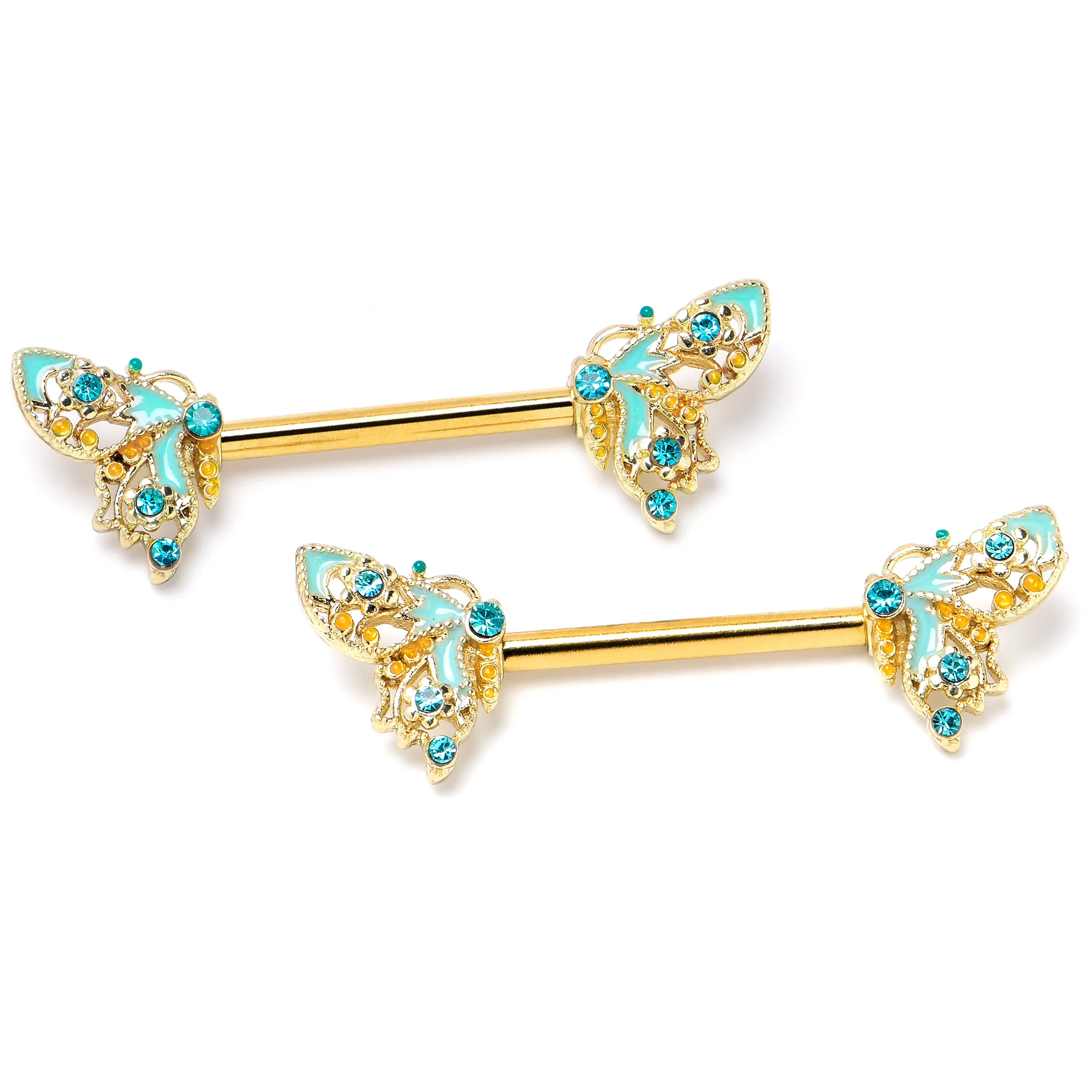 14G 9/16 Blue Gem Gold Hue Ribbon Butterfly Barbell Nipple Ring Set - Image 3