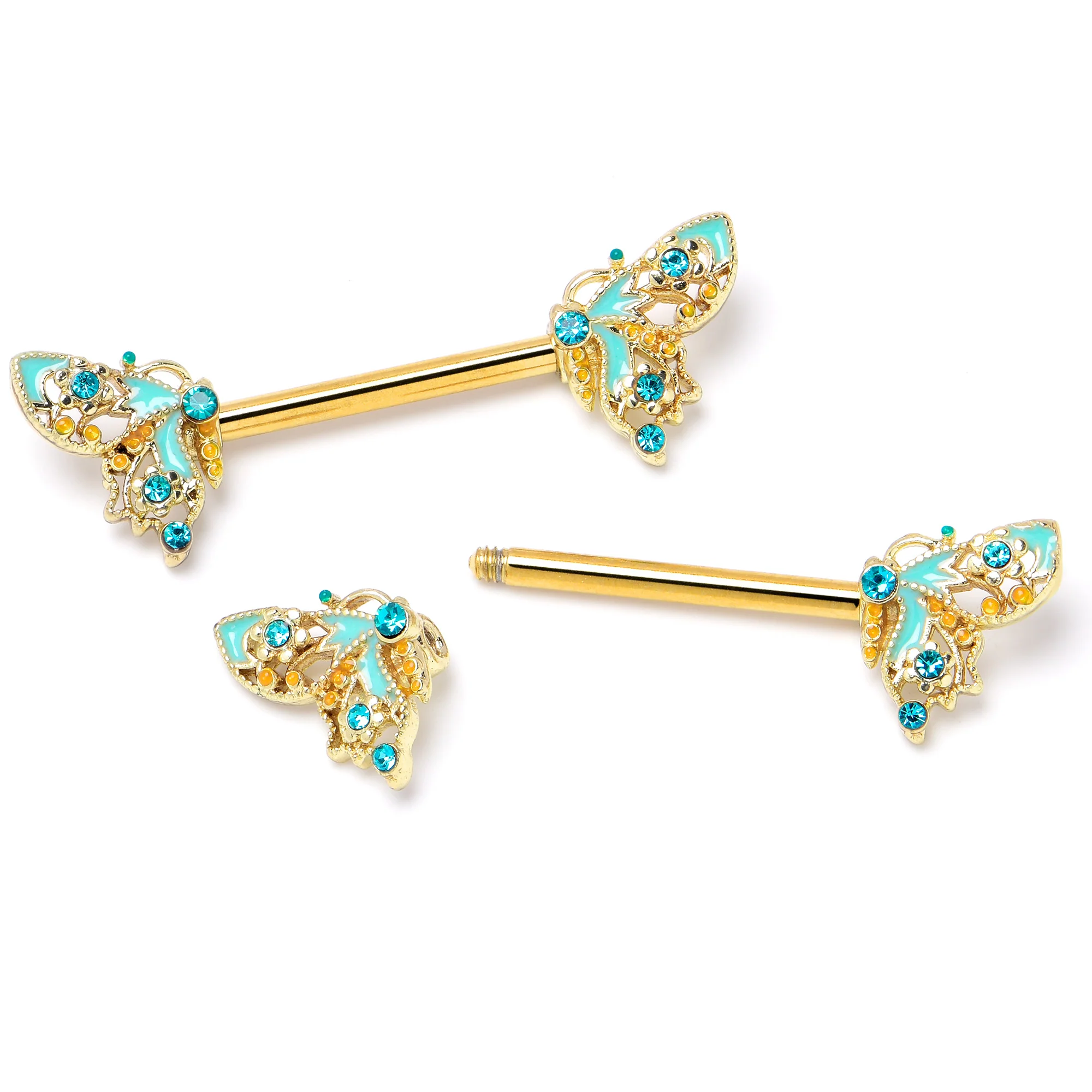 14G 9/16 Blue Gem Gold Hue Ribbon Butterfly Barbell Nipple Ring Set - Image 4