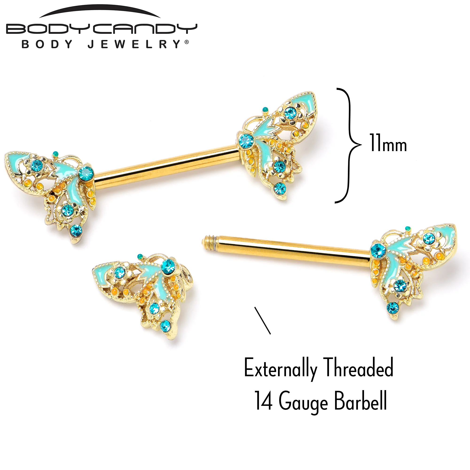 14G 9/16 Blue Gem Gold Hue Ribbon Butterfly Barbell Nipple Ring Set - Image 5
