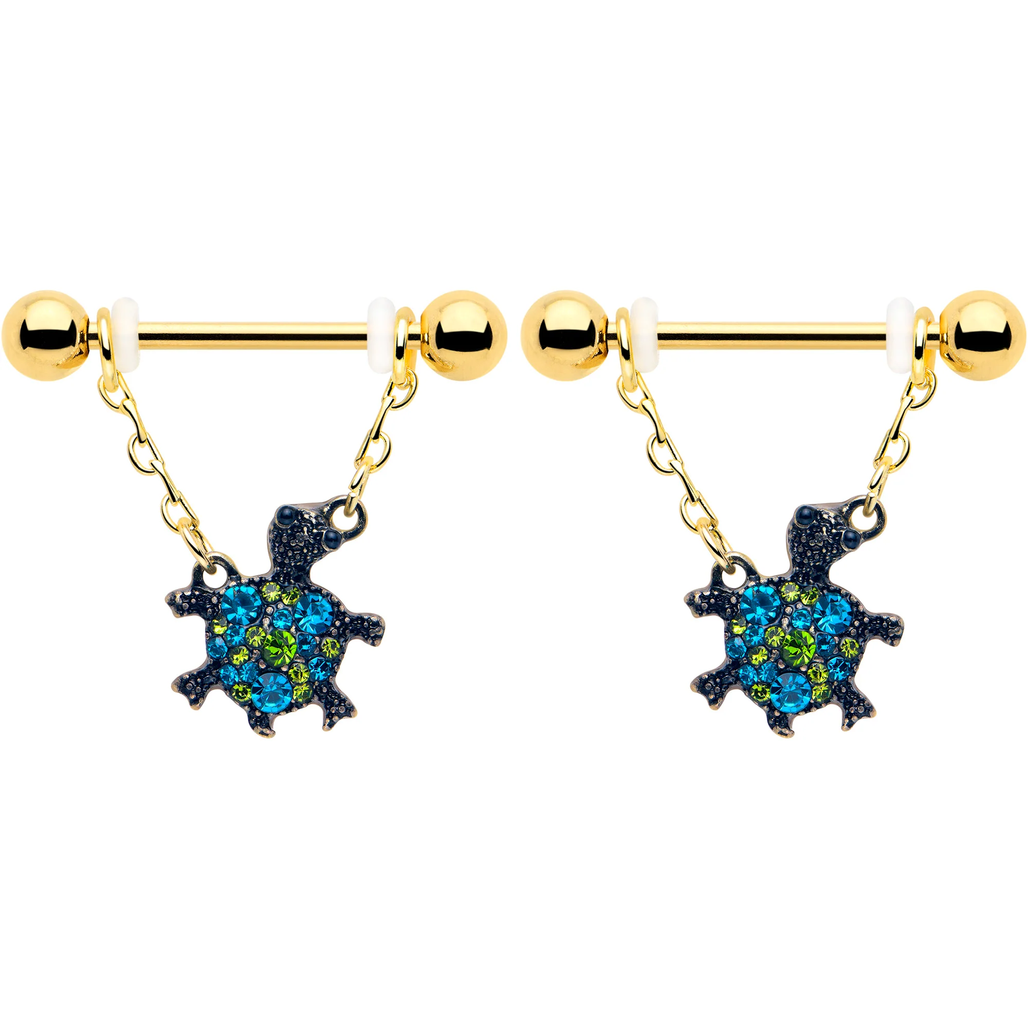 14G 9/16 Blue Gem Gold Hue Sweet Sea Turtle Dangle Nipple Ring Set - Image 2