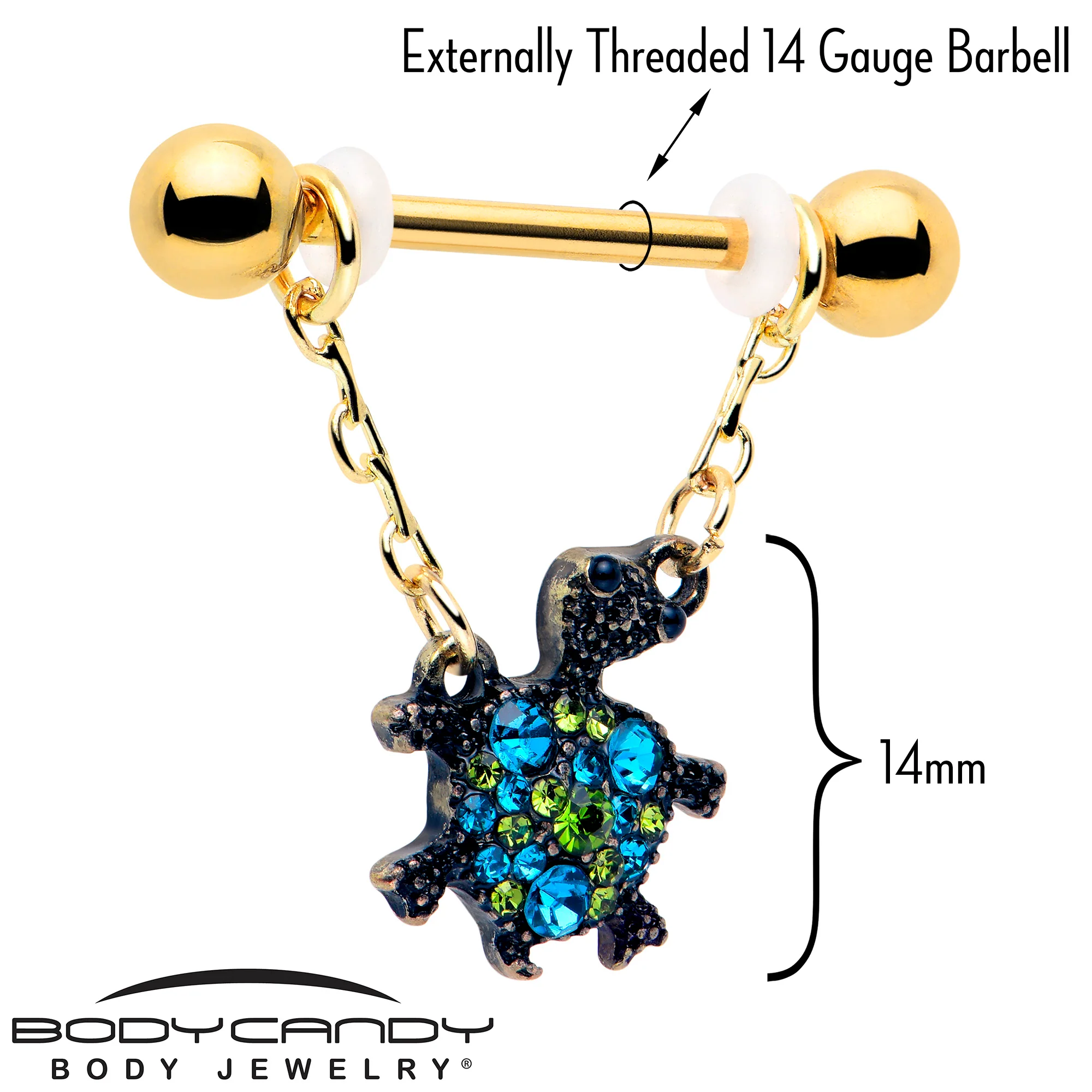 14G 9/16 Blue Gem Gold Hue Sweet Sea Turtle Dangle Nipple Ring Set - Image 3