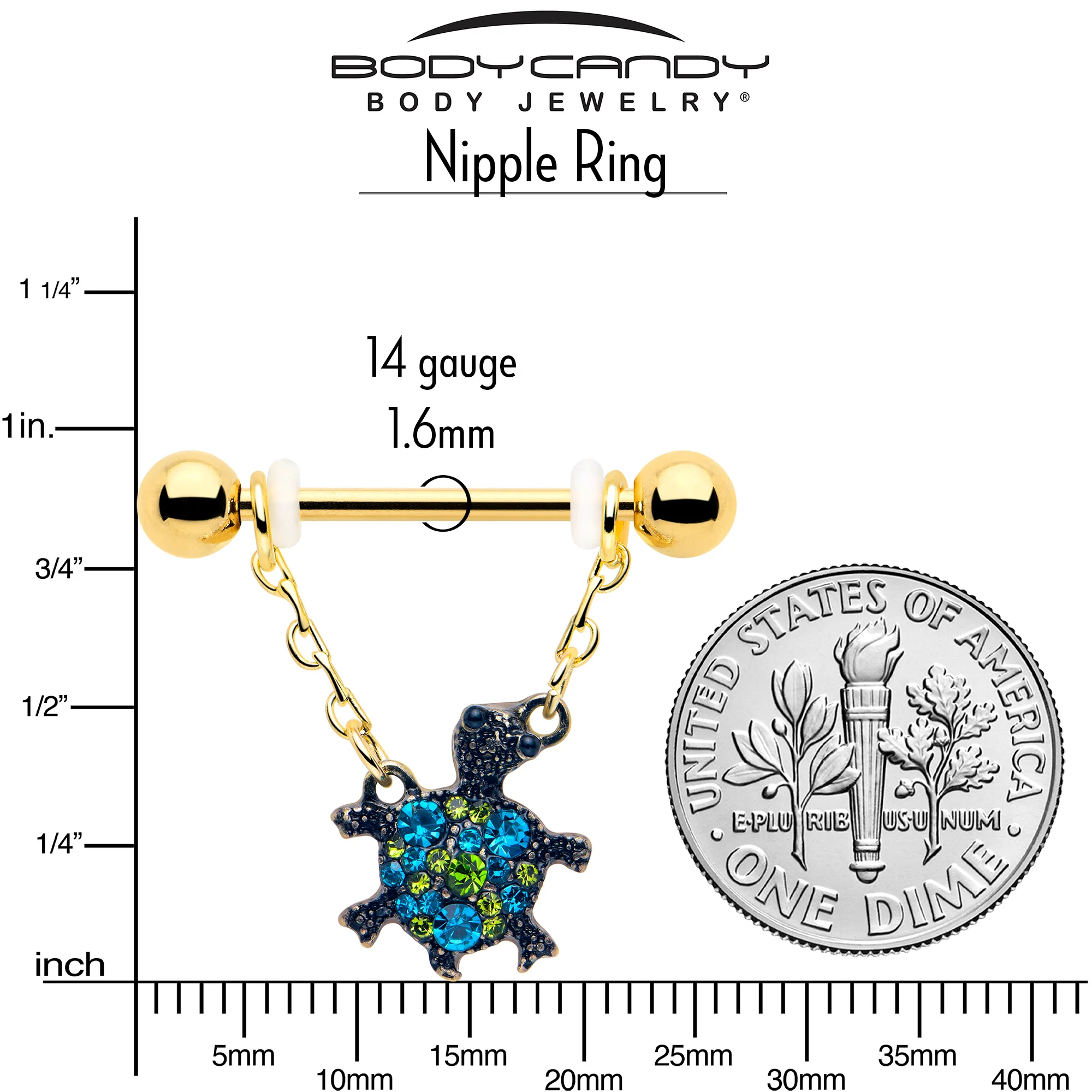 14G 9/16 Blue Gem Gold Hue Sweet Sea Turtle Dangle Nipple Ring Set - Image 4