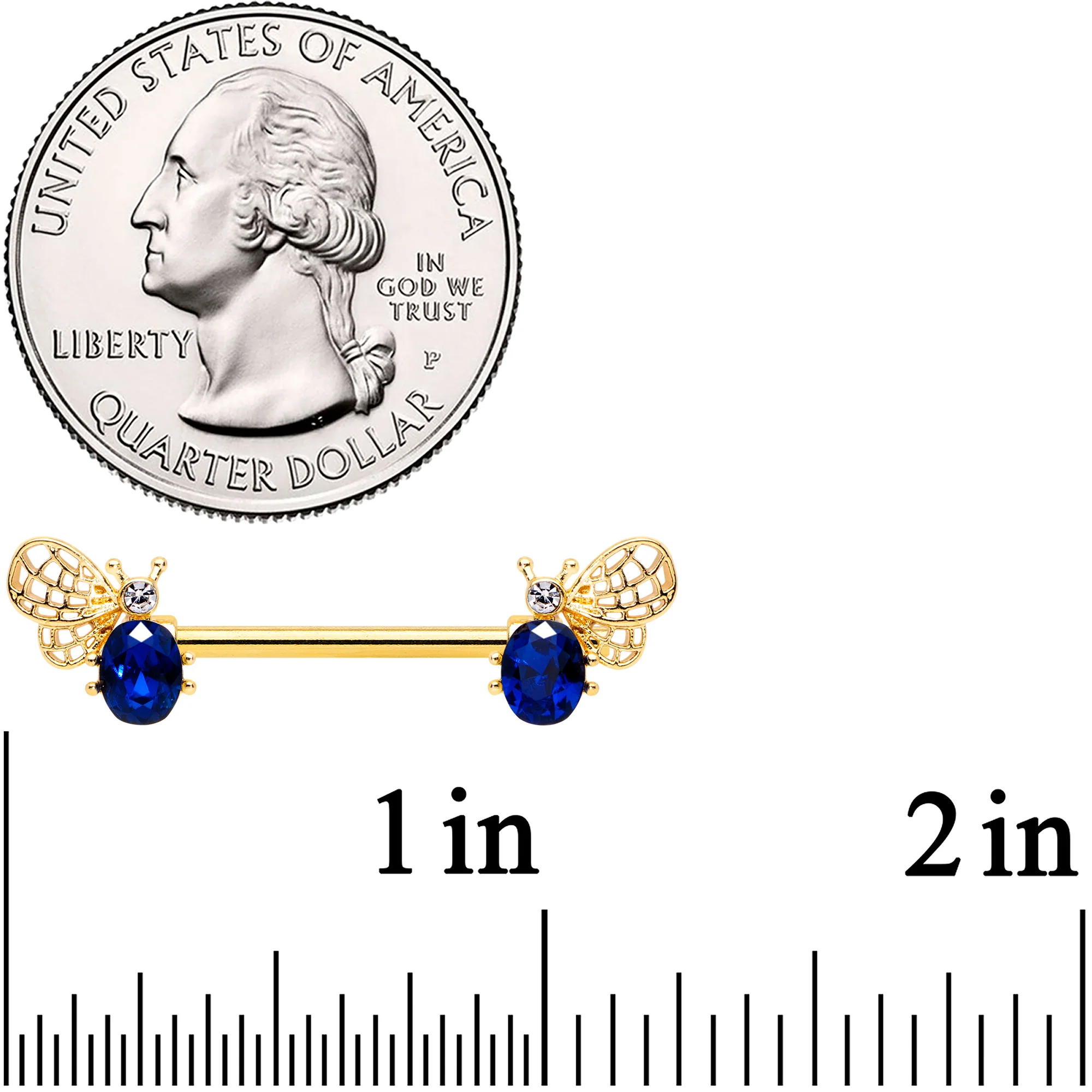 14G 9/16 Blue Gem Gold Tone Beautiful Bee Barbell Nipple Ring Set - Image 2