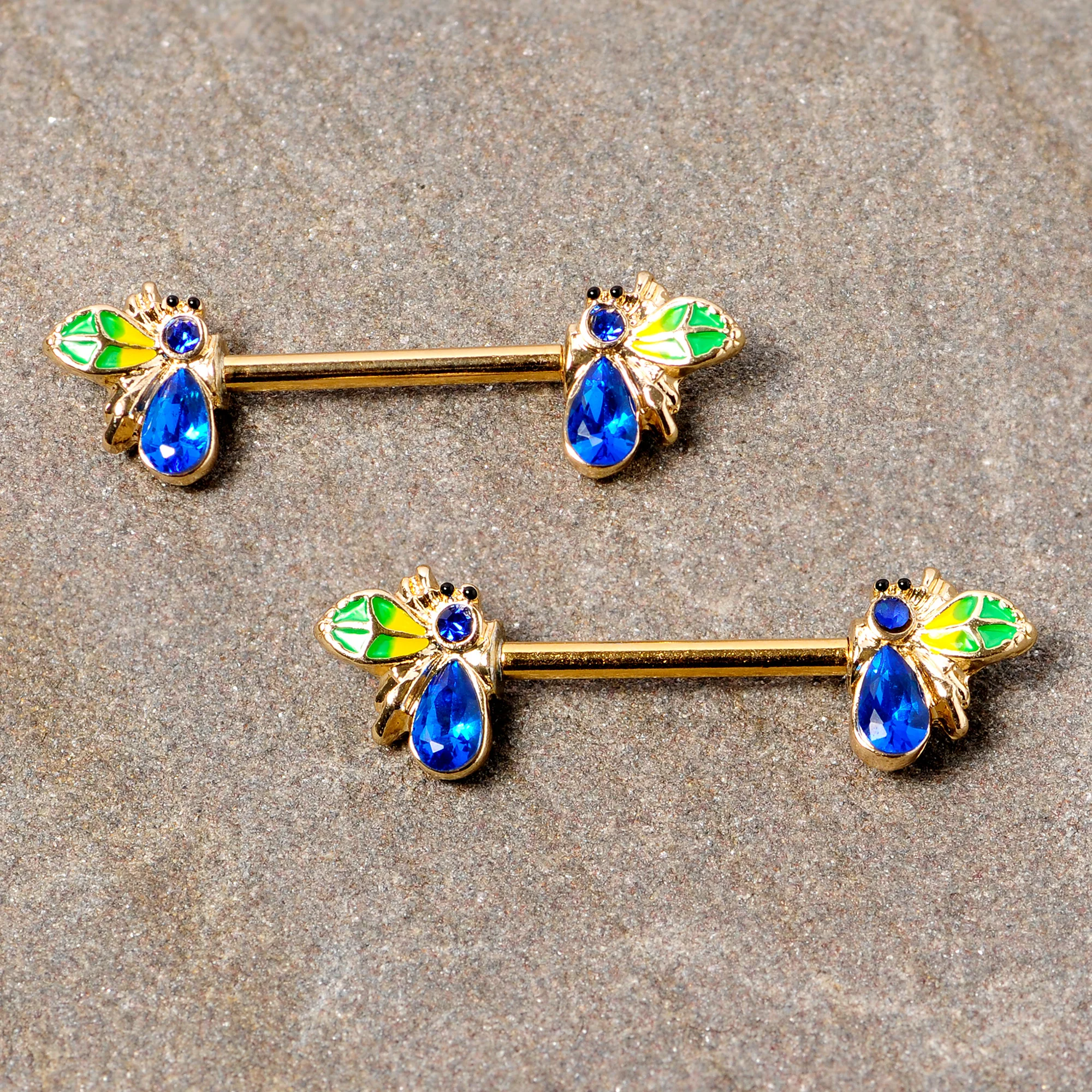 14G 9/16 Blue Gem Gold Tone Colorful Bee Barbell Nipple Ring Set - Image 2