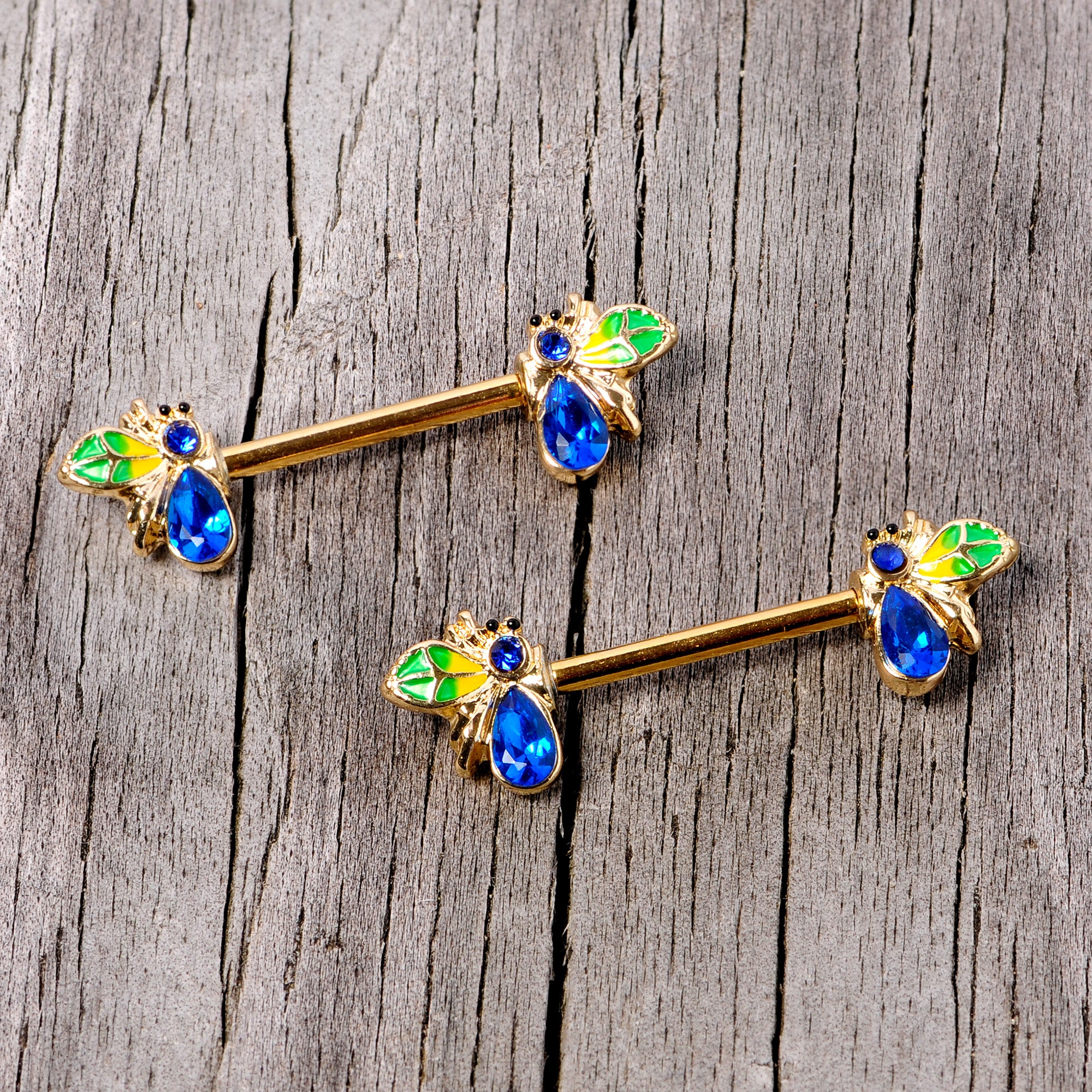 14G 9/16 Blue Gem Gold Tone Colorful Bee Barbell Nipple Ring Set - Image 3