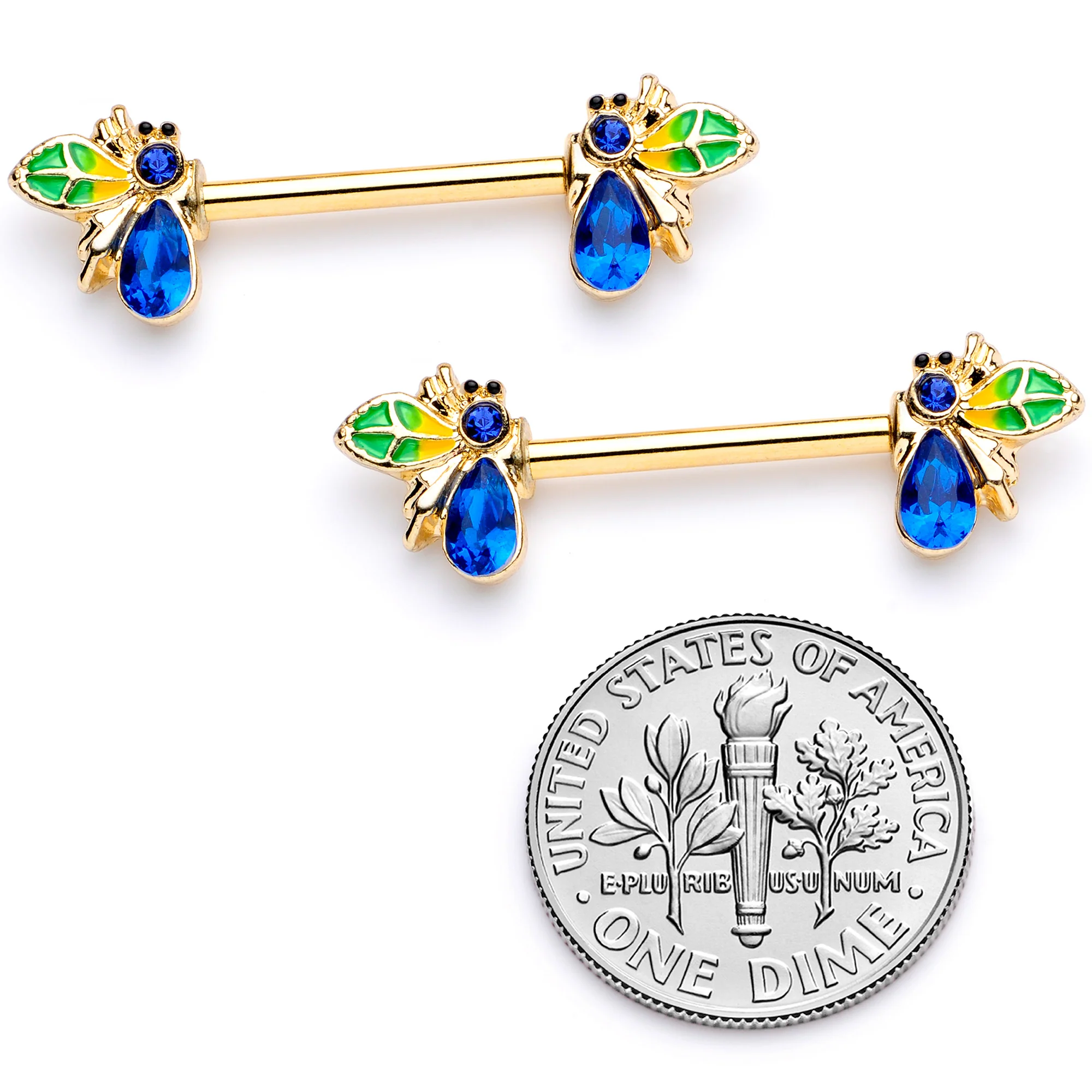 14G 9/16 Blue Gem Gold Tone Colorful Bee Barbell Nipple Ring Set - Image 4
