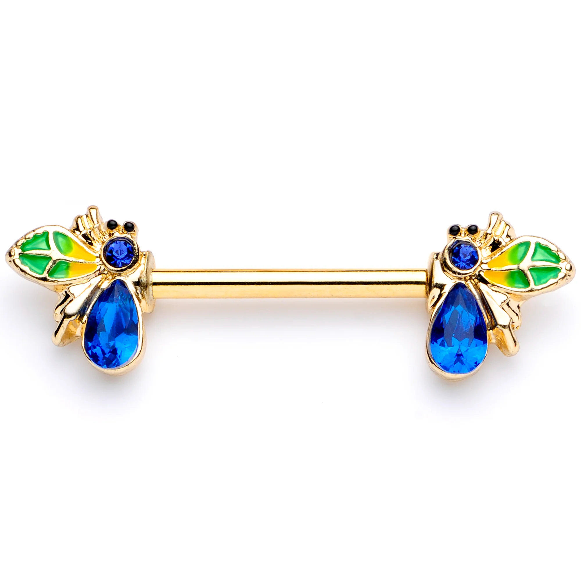 14G 9/16 Blue Gem Gold Tone Colorful Bee Barbell Nipple Ring Set - Image 5