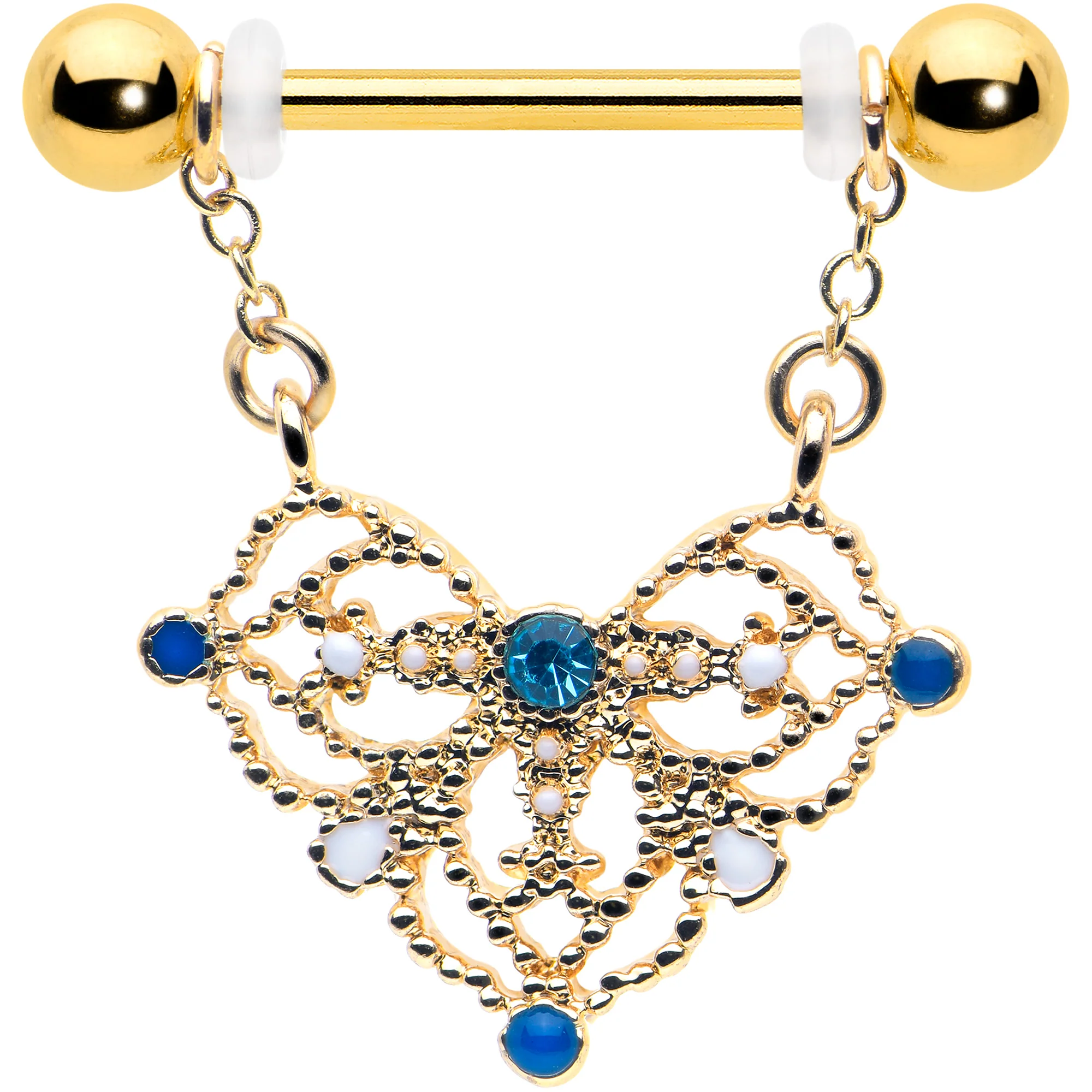 14G 9/16 Blue Gem Gold Tone Lacy Rhombus Dangle Nipple Ring Set - Image 2