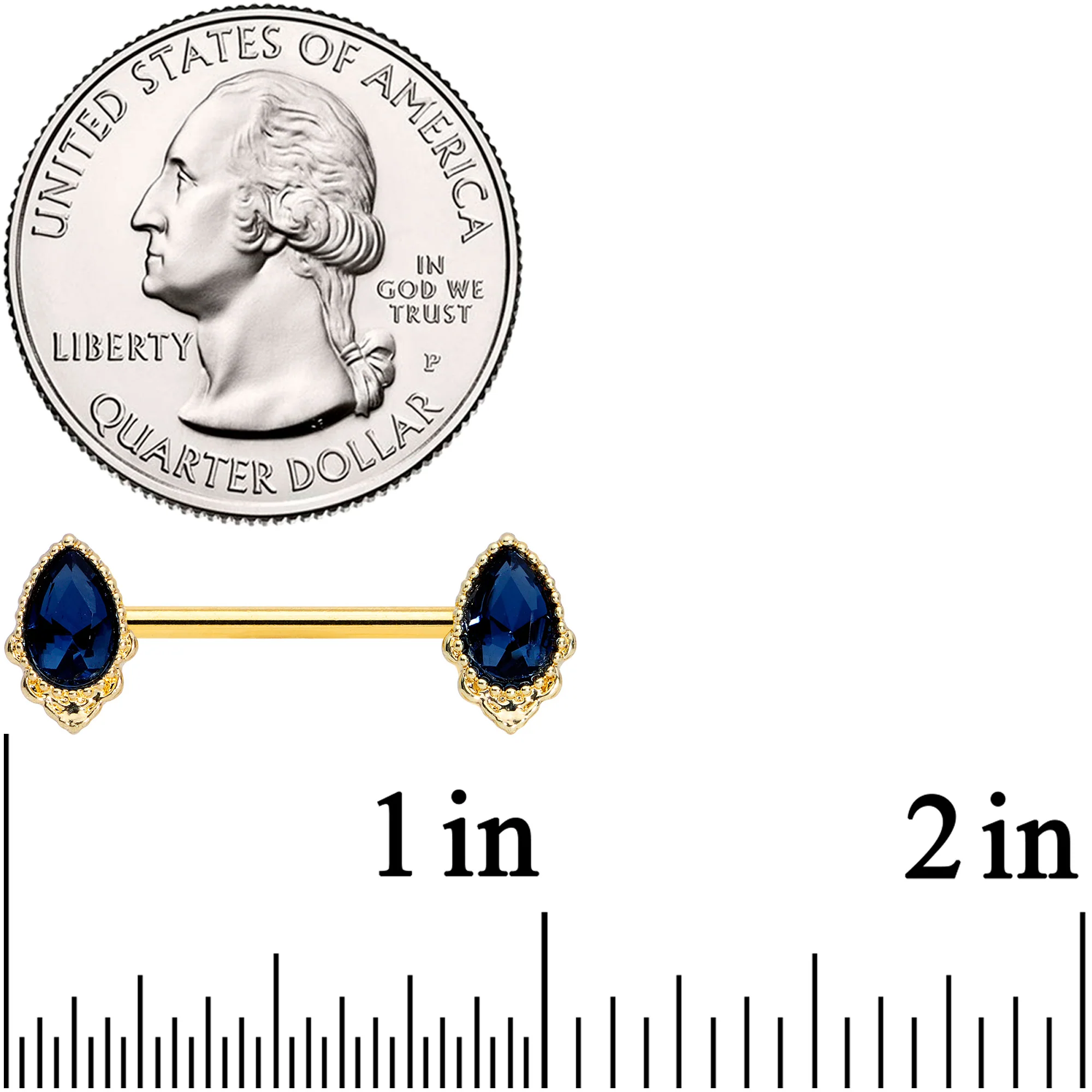 14G 9/16 Blue Gem Gold Tone Noble Drop Barbell Nipple Ring Set - Image 2