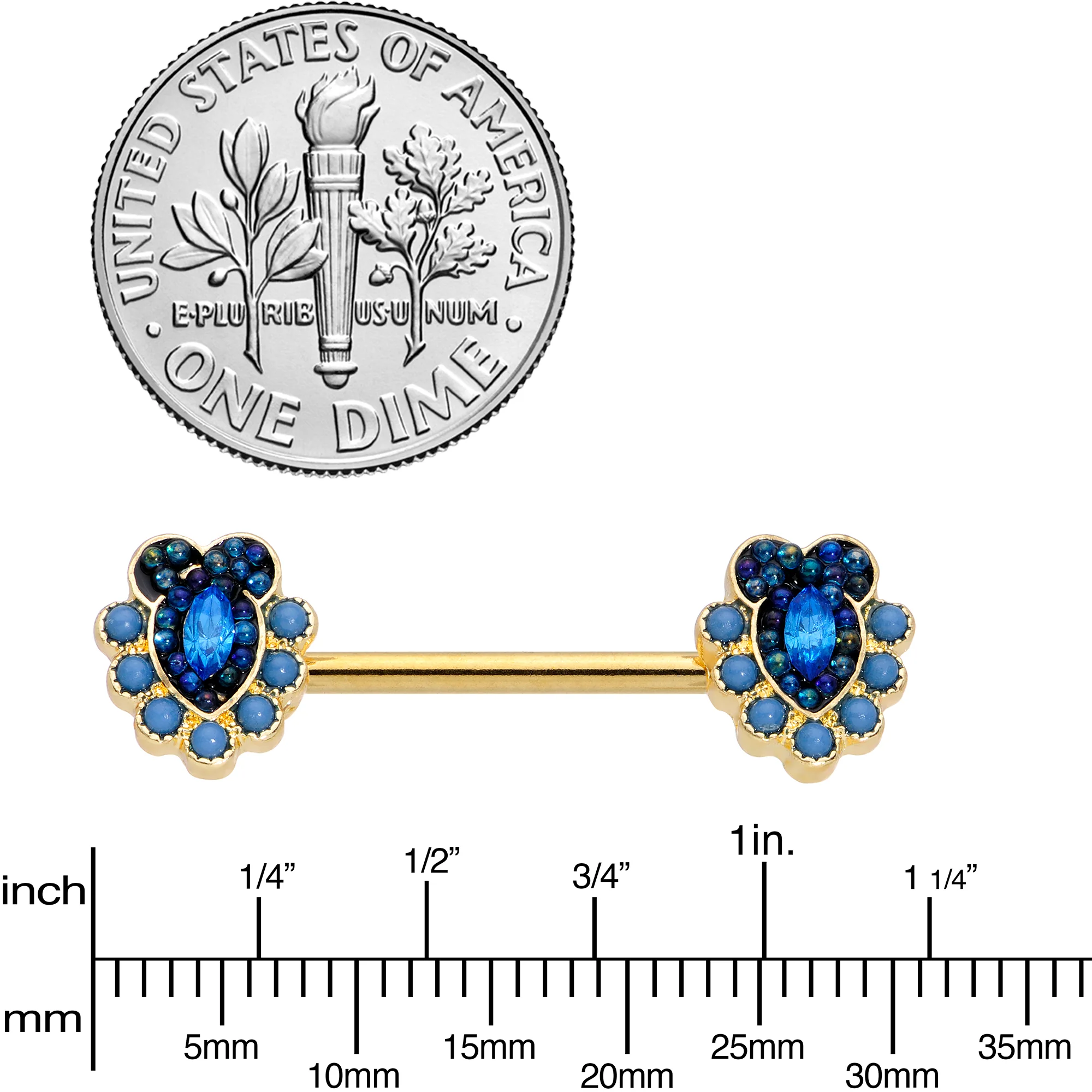 14G 9/16 Blue Gem Gold Tone Opulent Oval Barbell Nipple Ring Set - Image 3