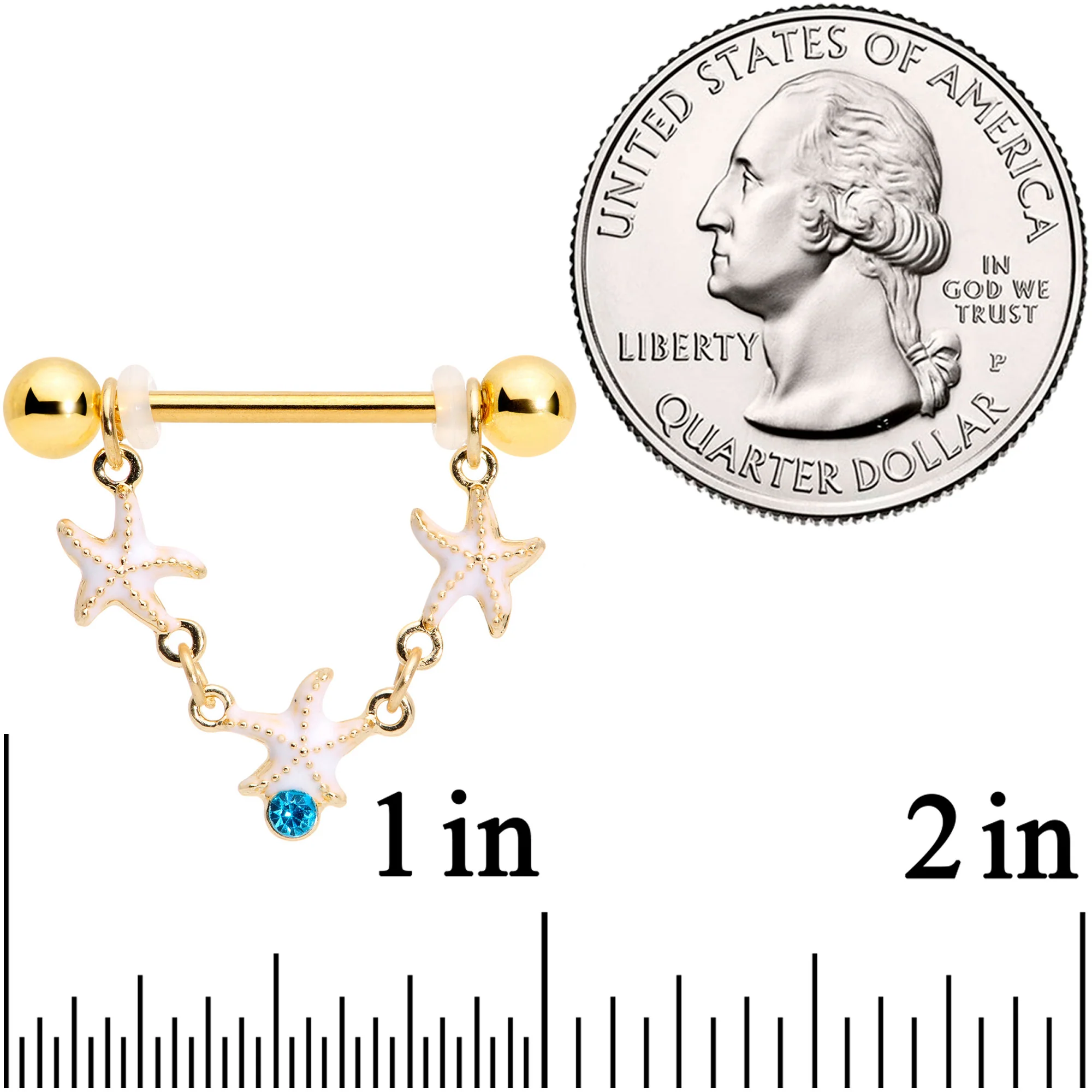 14G 9/16 Blue Gem Gold Tone Starfish Dangle Nipple Ring Set - Image 2