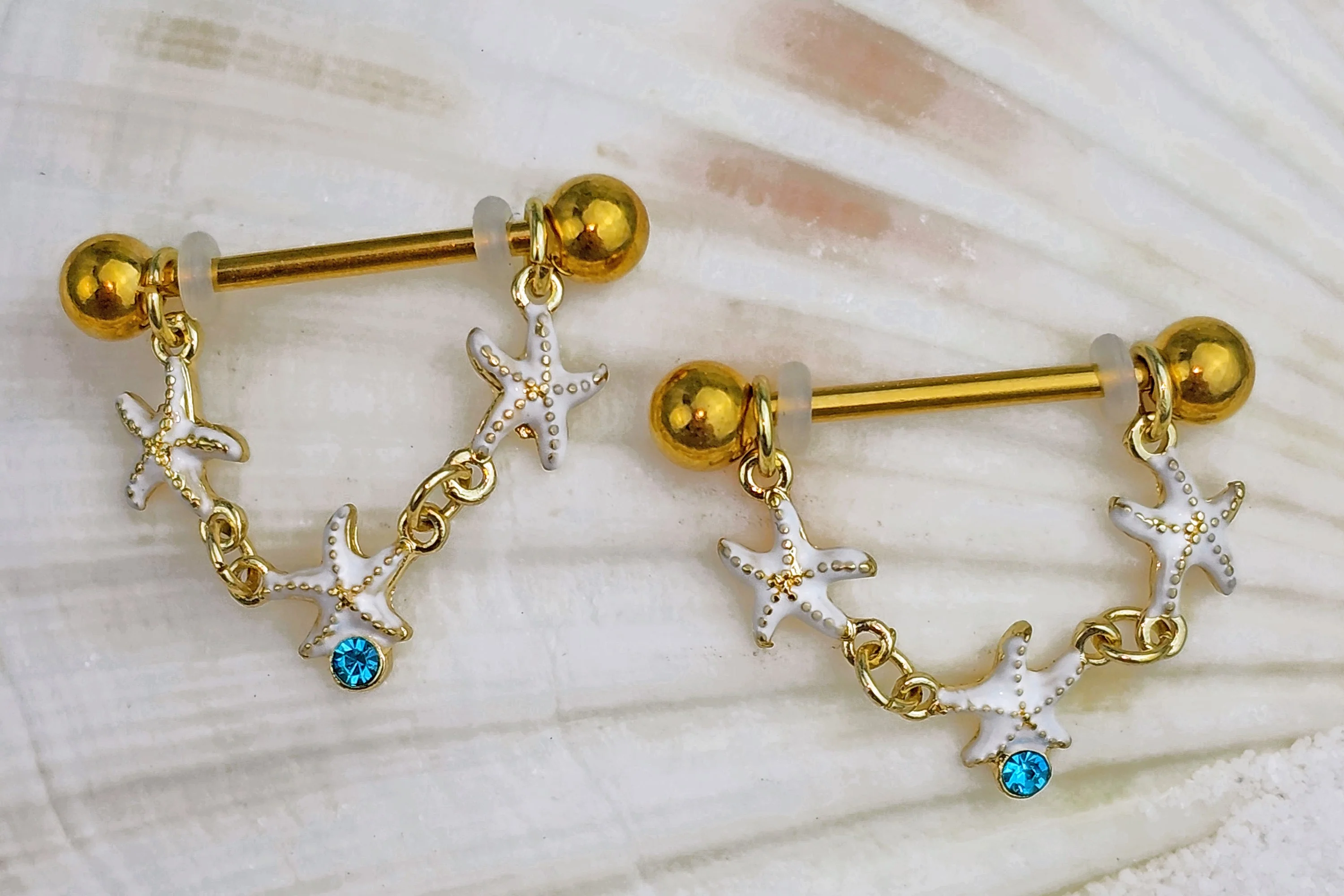 14G 9/16 Blue Gem Gold Tone Starfish Dangle Nipple Ring Set - Image 3