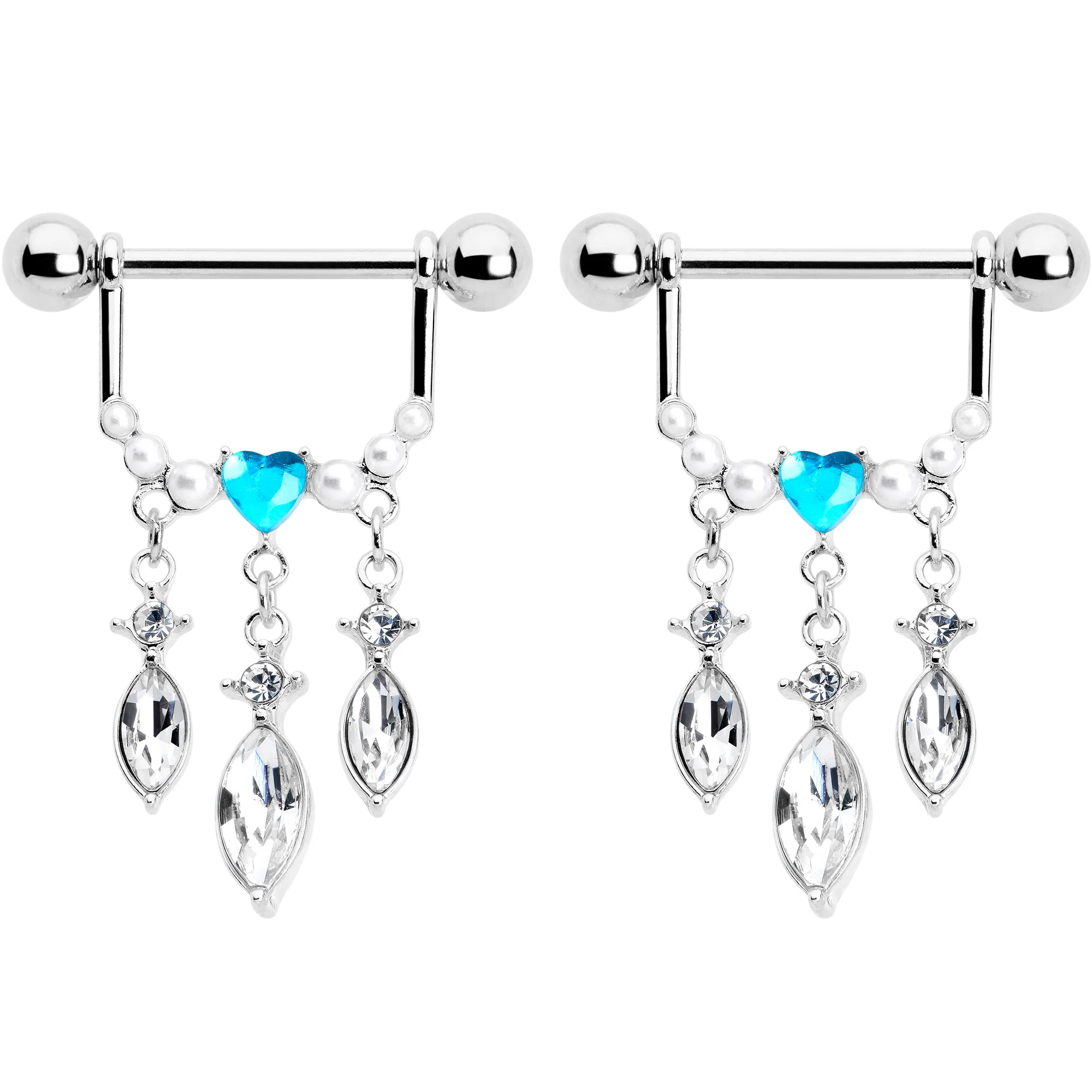 14G 9/16 Blue Gem Heart Triple Drop Dangle Nipple Ring Set - Image 2