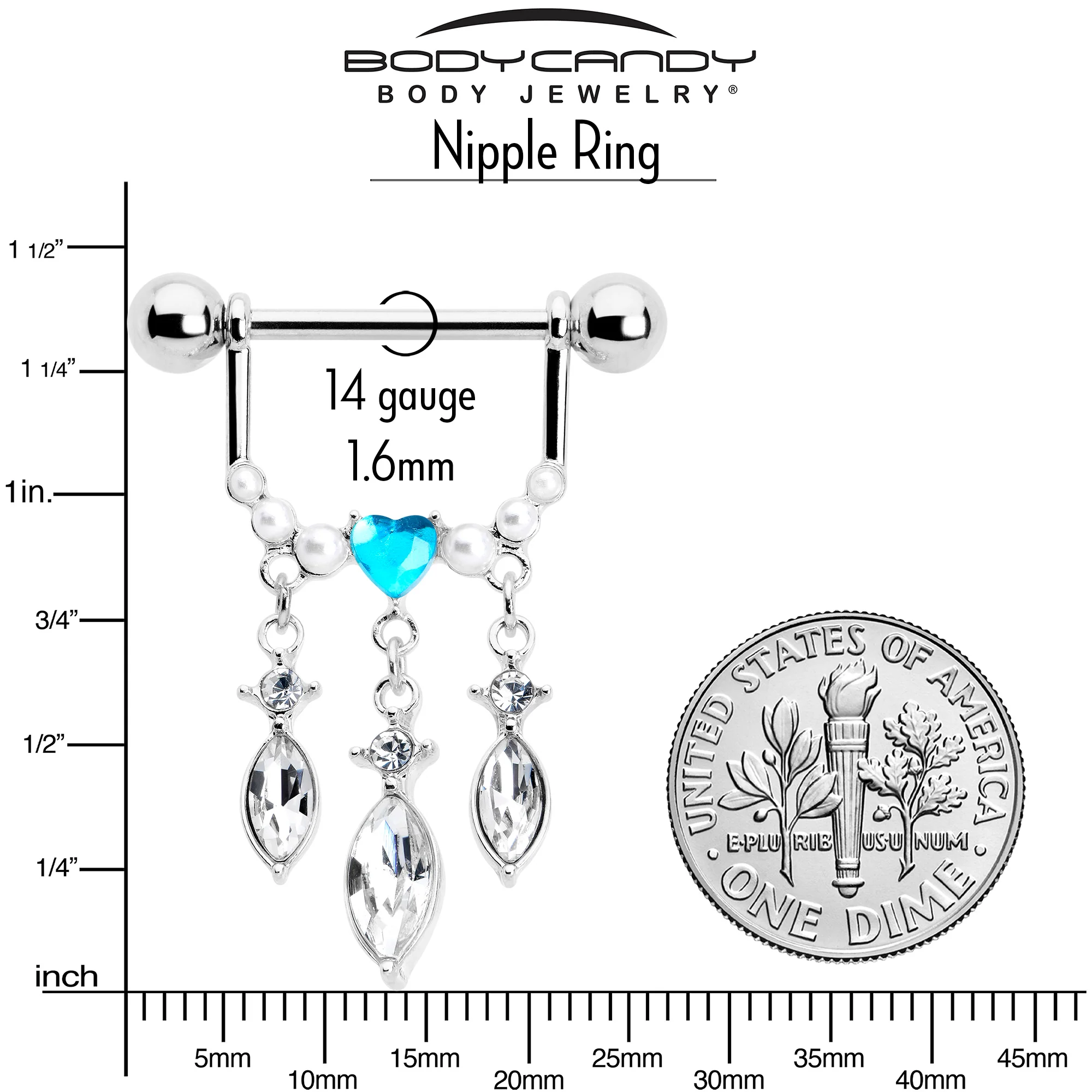 14G 9/16 Blue Gem Heart Triple Drop Dangle Nipple Ring Set - Image 4
